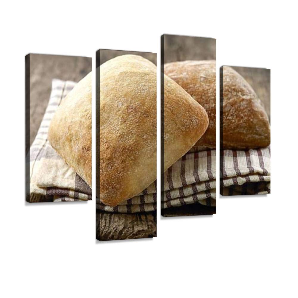 IGOONE 4-Panel Canvas Wall Art - Modern Framed Painting of Ciabatta Bread Loaves - Ready to Hang Home Decor for Kitchen, Dining Room & Cafe Wall Decoration