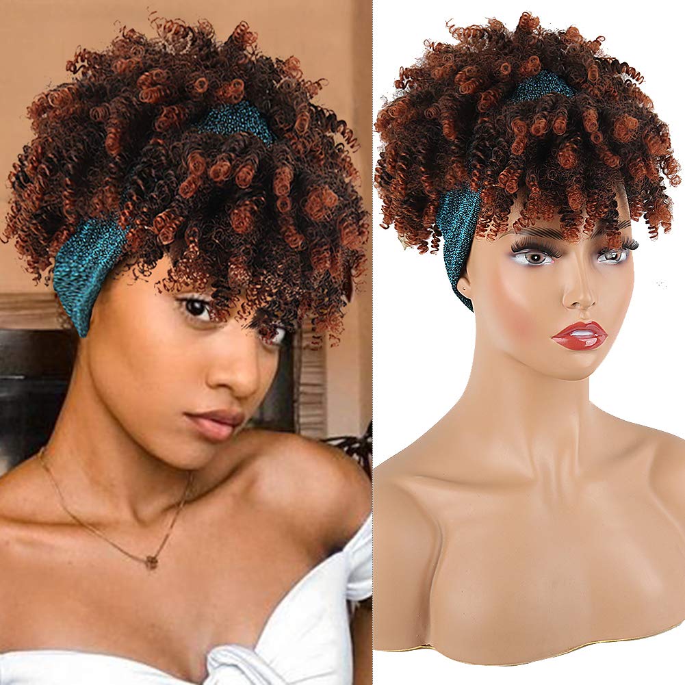 Asiaide Short Afro Kinky Curly Wigs for Black Women - Synthetic Headband Wig with Bangs & Attached Turban - Drawstring High Puff Brown Curly Wig for Everyday Wear, Cosplay & Special Occasions