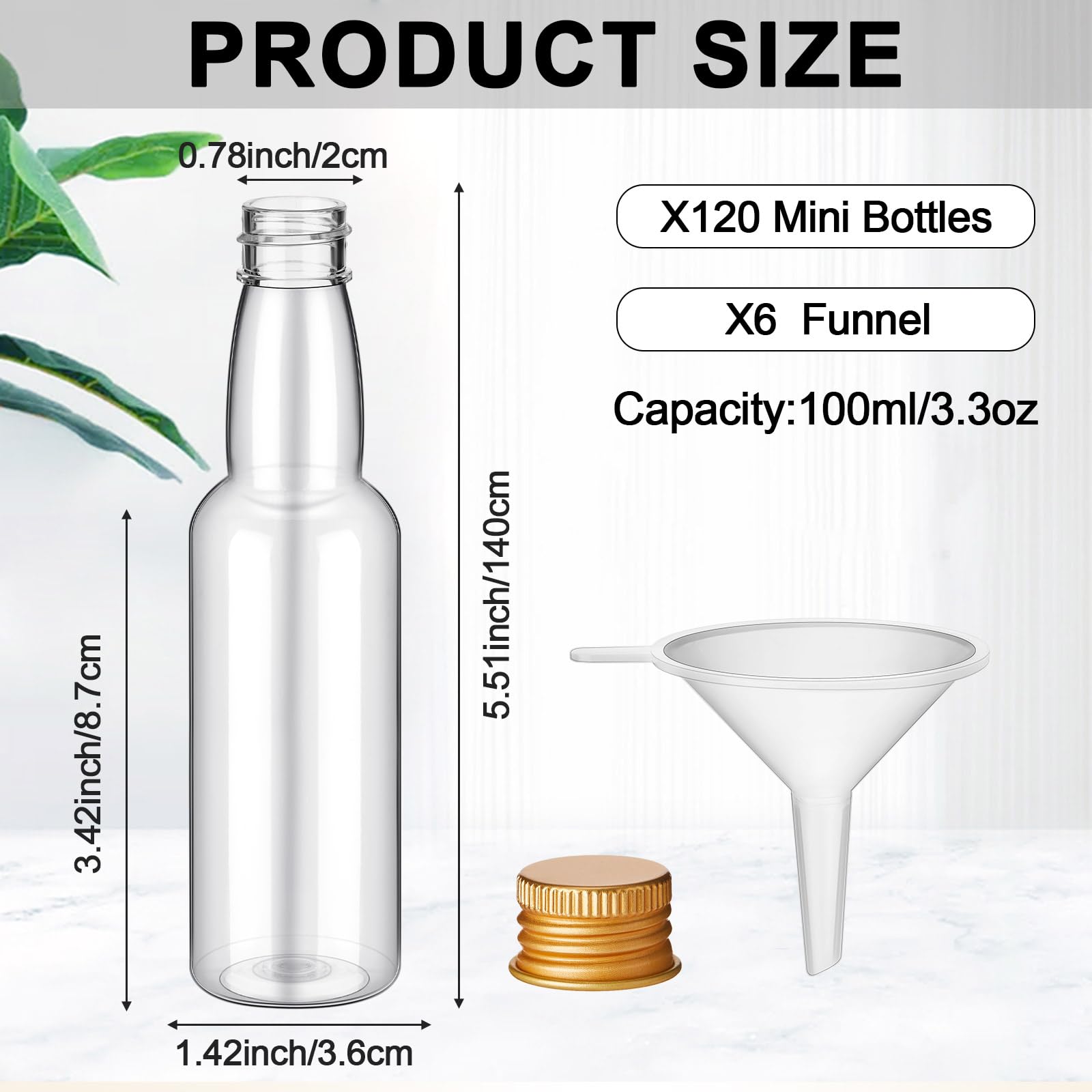 120 Pcs Mini Liquor Bottles (3.3 oz) - Airtight Empty Plastic Shot Bottles with Funnels for Alcohol, Whiskey & Spirits - Gold Miniature Bottles for Party Favors, Wedding Favors, DIY Cocktails & Home Bar Accessories