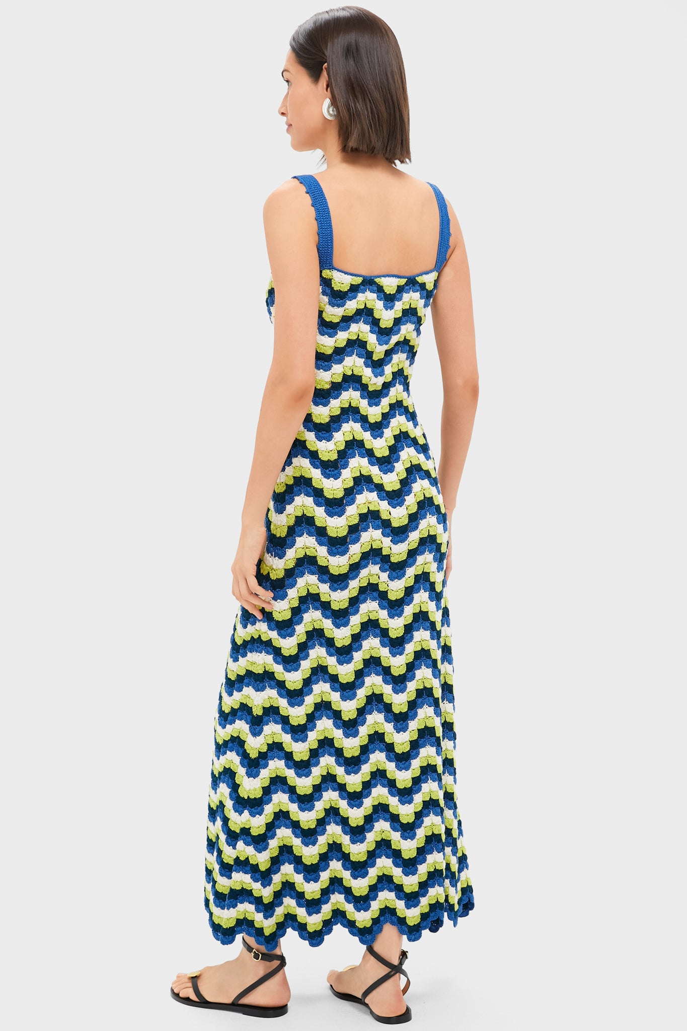 Blues and Lime Green Marea Crochet Maxi Dress for Women - Boho Beach Cover Up, Summer Vacation Outfit, Festival Fashion