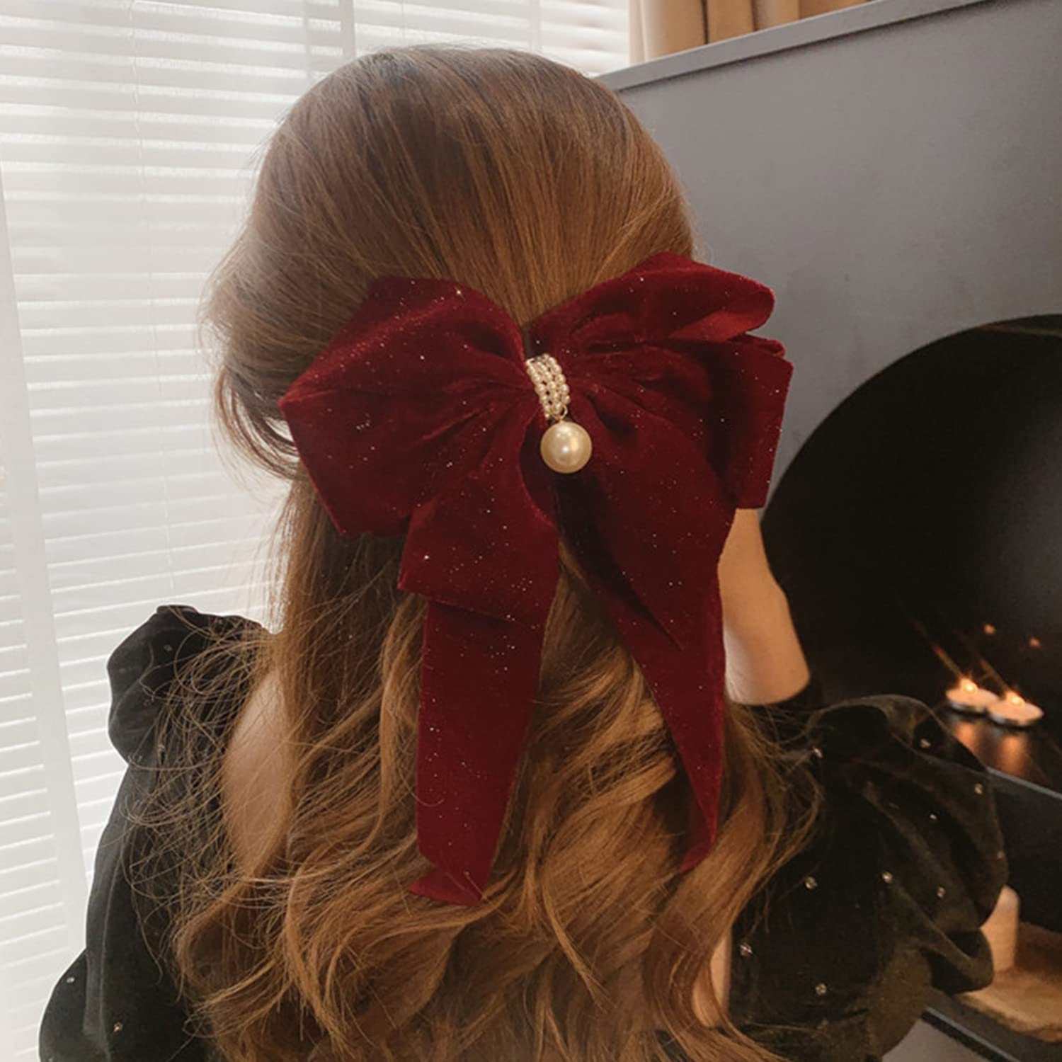 Elegant Big Bow Hair Clips with Pearl Accents - Large Soft Hair Barrettes for Women & Girls (Red) - Perfect for Weddings, Parties & Everyday Hair Accessories