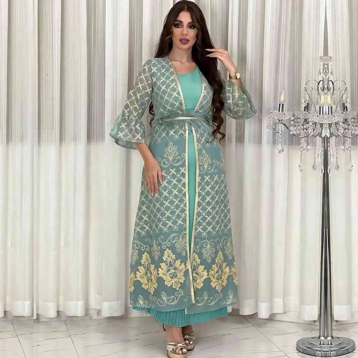 2-Piece Embroidered Sequin Caftan Dress Set with Inner Sleeveless Dress - Elegant Eid Outfits for Women, Perfect for Holiday Celebrations, Parties & Special Occasions