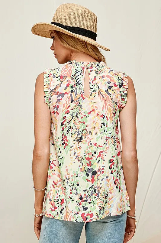Stylish Plus Size Graphic Print Ruffle Trim Mock Neck Sleeveless Blouse for Women | Trendy Casual Summer Tops for Outings & Date Nights