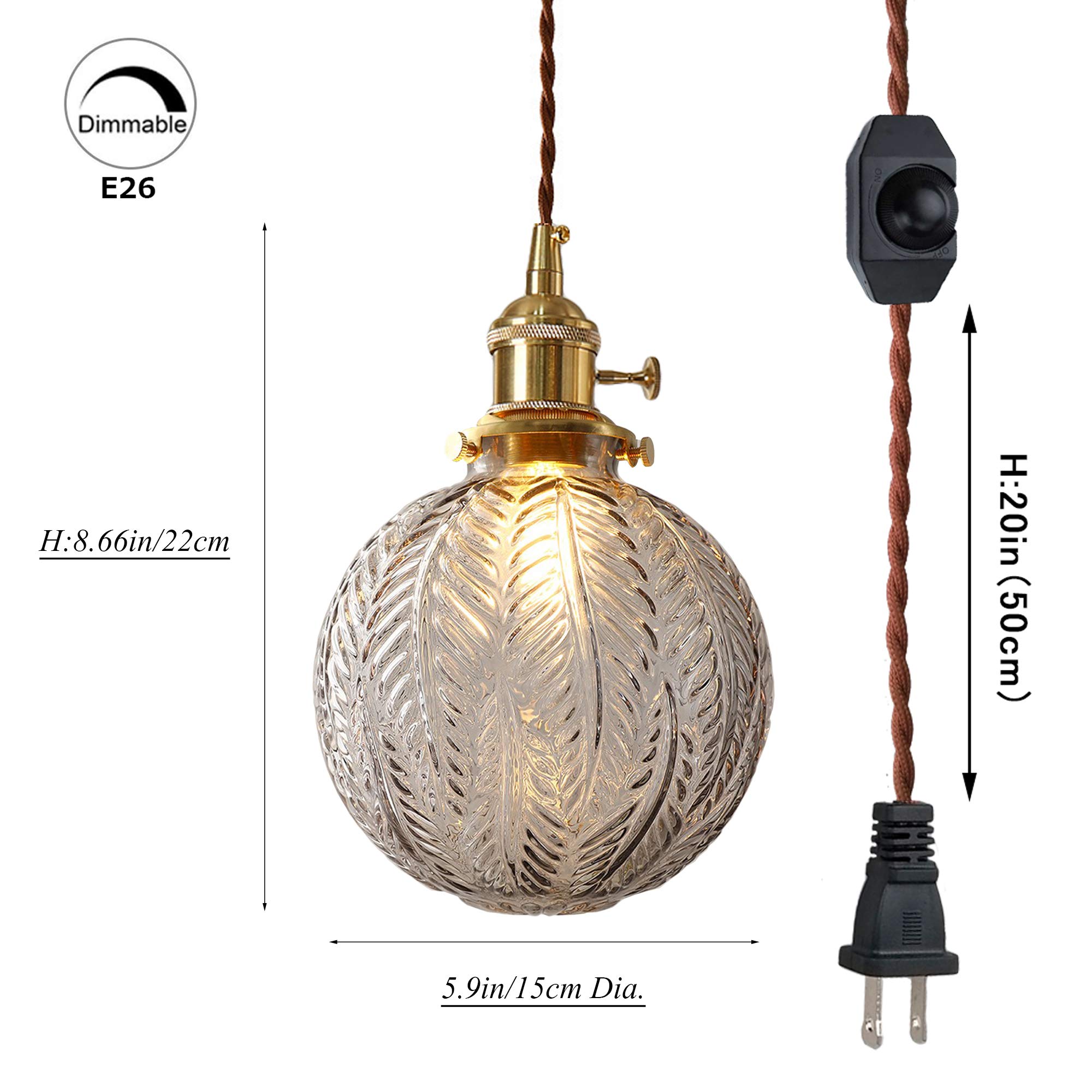 Plug-in Hanging Swag Lamp with 20ft Brown Braided Cord - No Wiring Needed Pendant Light with UL Certified On/Off Dimmer Switch, Smokey Grey Glass Globe Shade & Copper Holder - Perfect for Bedroom, Living Room, Dining Room, and Cafe Decor