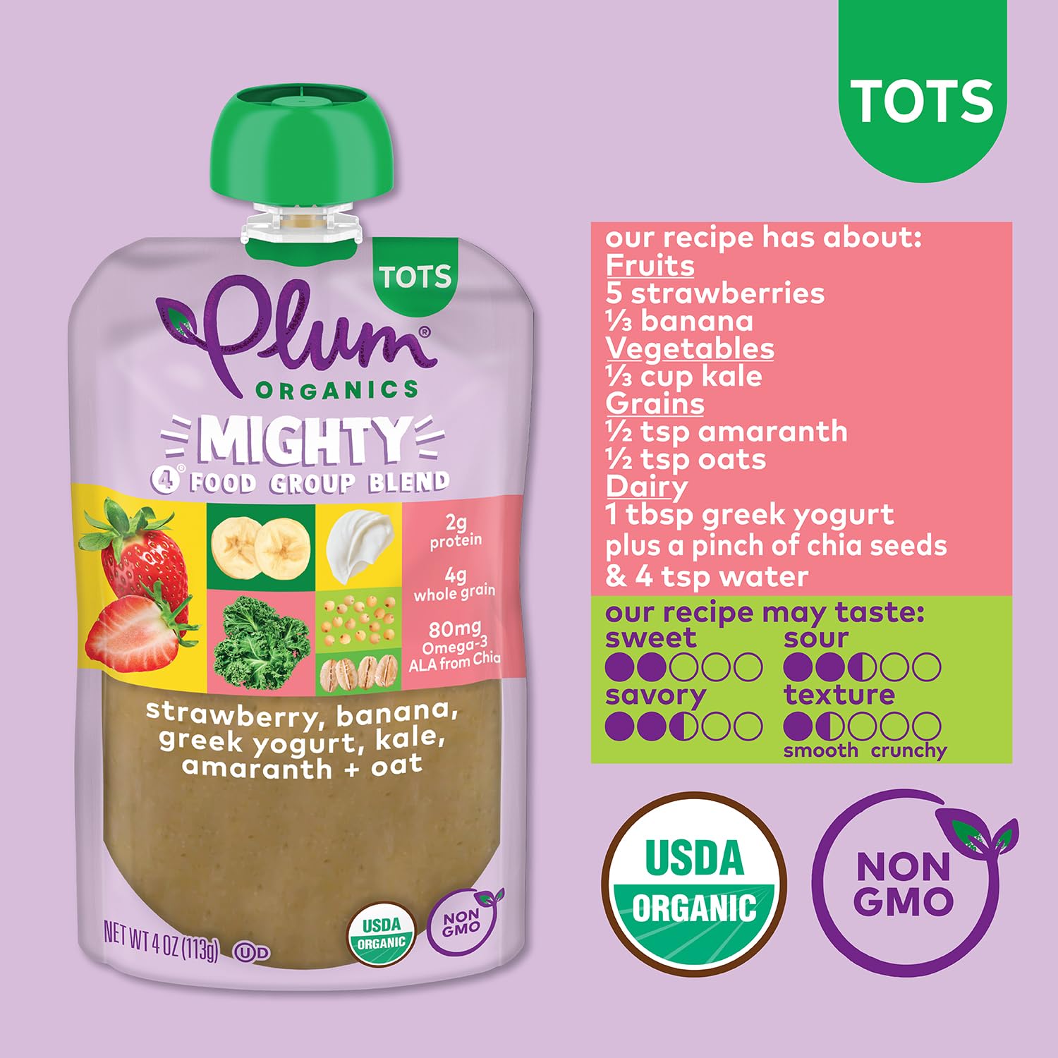 Organic Toddler Food Pouch - Plum Organics Mighty 4 with Strawberry, Banana, Greek Yogurt, Kale, Amaranth & Oat (4oz, Pack of 12) | Healthy Snack for Babies & Kids | Perfect for On-the-Go, Daycare & Travel
