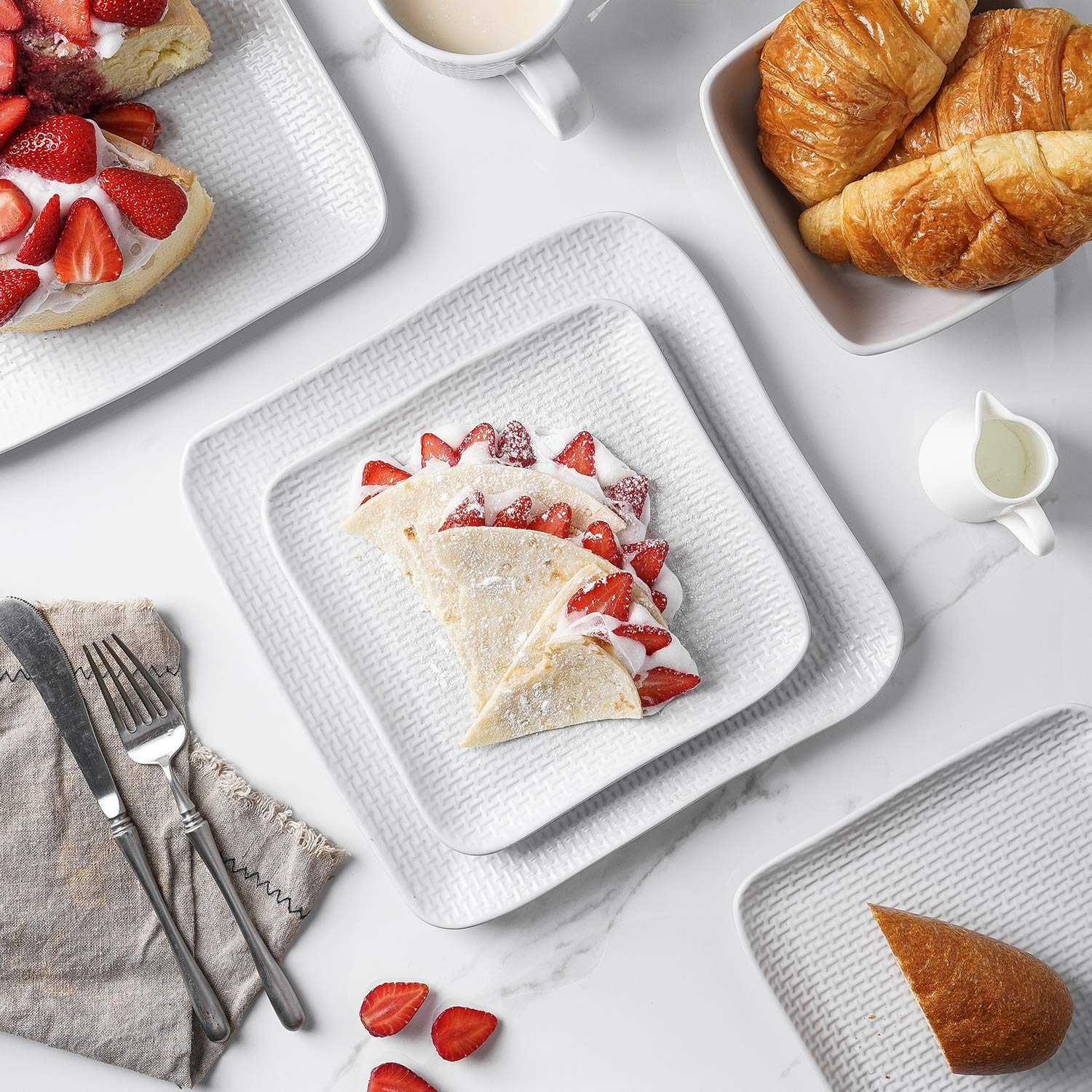 Olivia White Stoneware Dish Set - 4-Piece Weave Stone Salad Plates, Durable & Elegant for Dining, Entertaining, and Home Decor