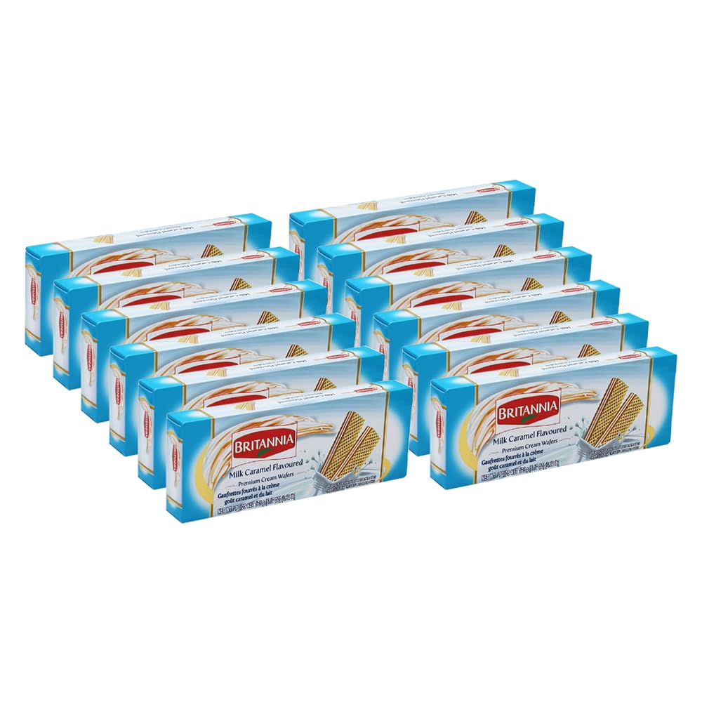 Britannia Caramel Cream Wafers 6.17oz (12 Pack) - Crunchy Tea Time Snacks for Breakfast & Office