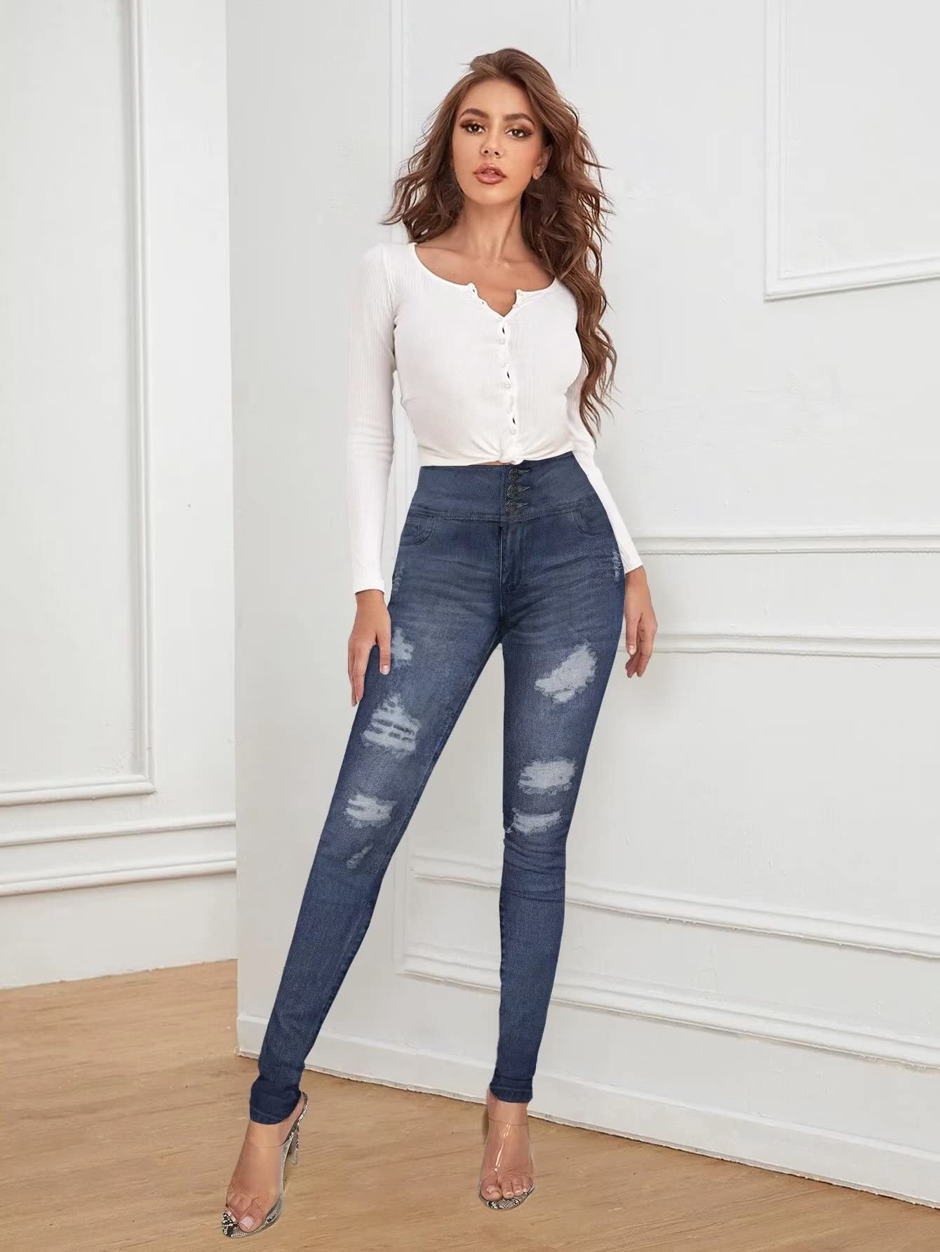 Hybrid & Company Women's High Waist Stretch Skinny Jeans - Distressed Denim Pants for Casual Wear, Night Out & Street Style Fashion