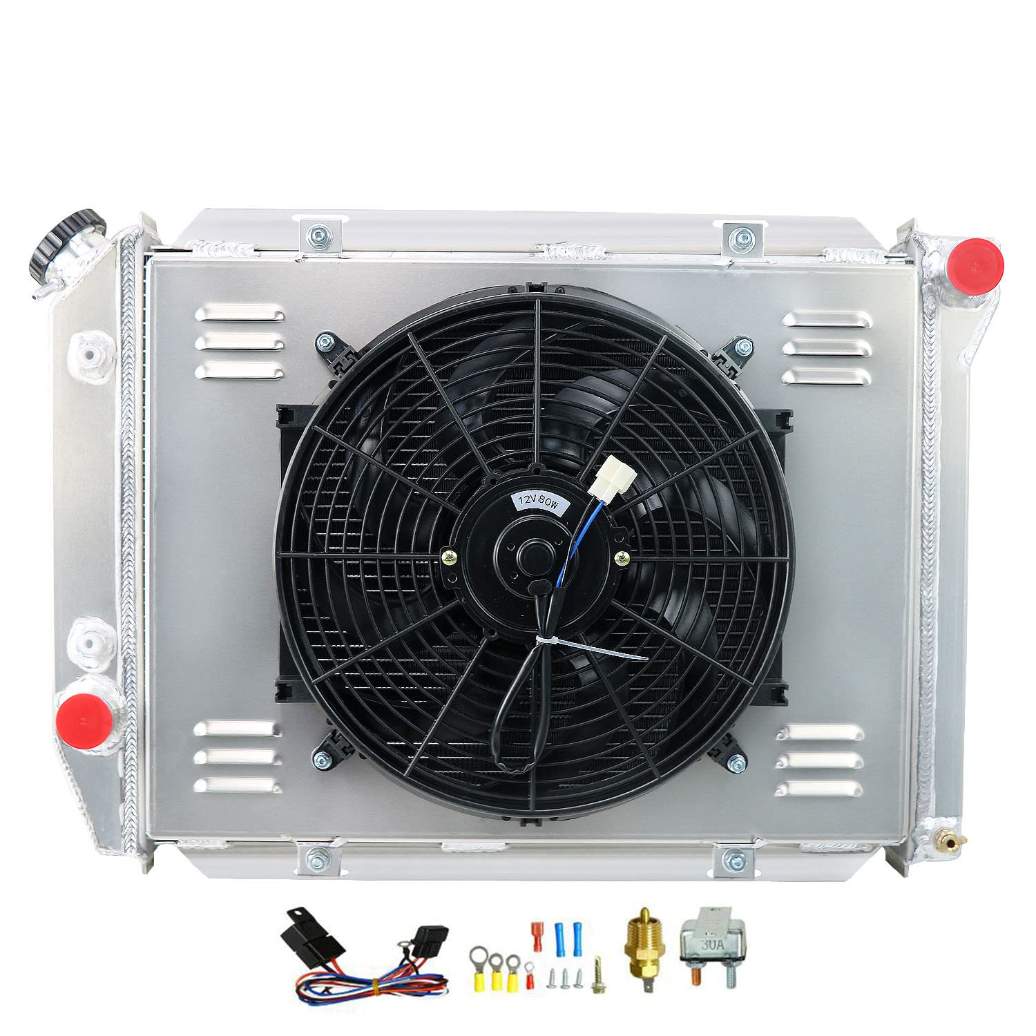 High-Performance 4-Row Aluminum Radiator for 1967-1968 Ford Mercury Thunderbird, Galaxie 500, LTD, Colony Park & Marquis V8 - Includes Cooling Fan Shroud & Relay Kit - Perfect for Classic Car Restoration & Hot Weather Driving
