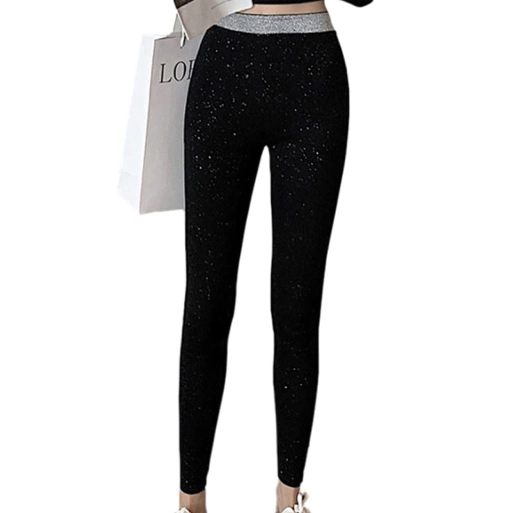 Bright Silk Cotton Leggings for Women - High Waist Sequin Bling Thread Elastic Slim Leggings Pencil Pants (Black, One Size) - Perfect for Yoga, Workout, Party & Everyday Wear