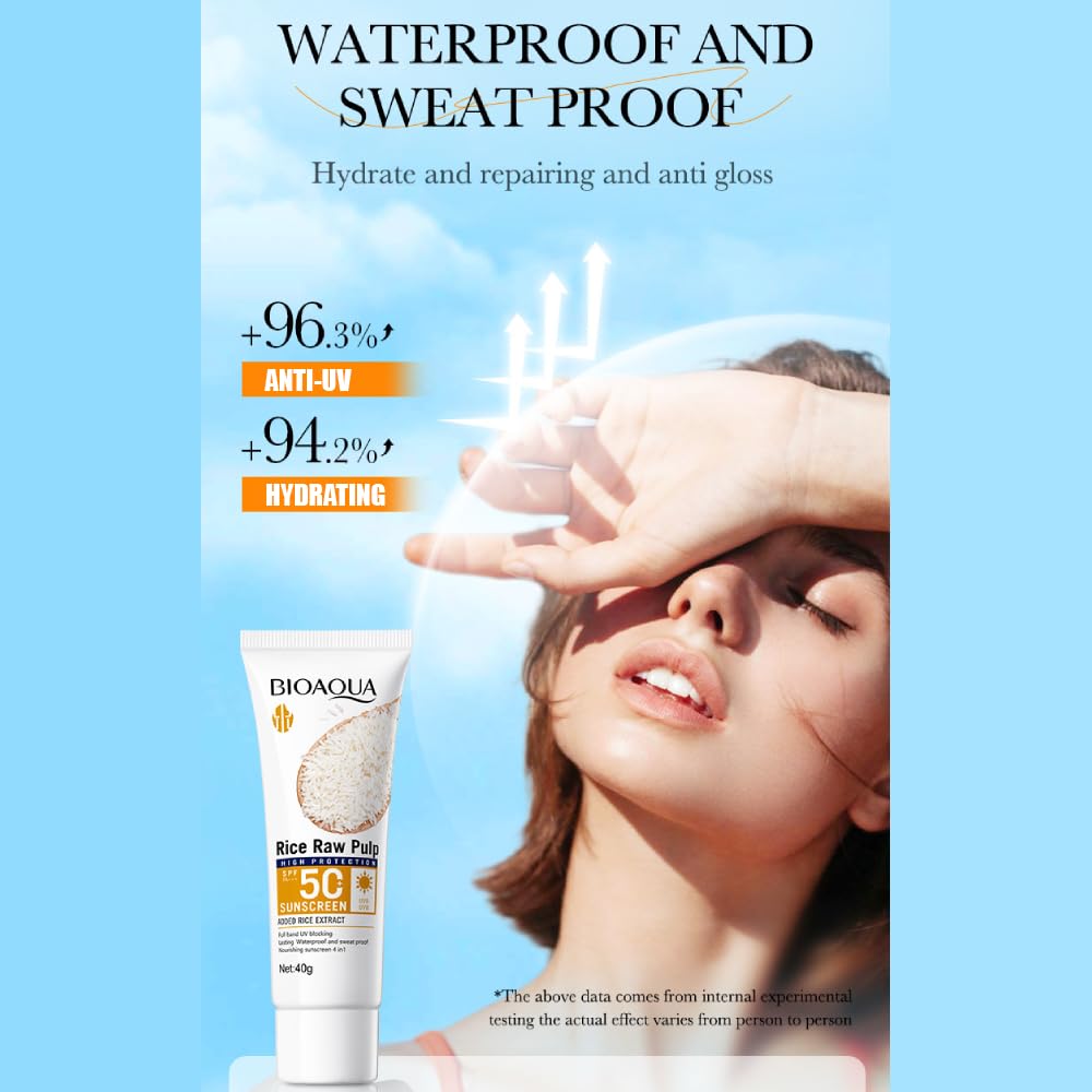 BIOAQUA Rice Raw Pulp Sunscreen SPF 50+ PA+++ | UVA UVB Protection | Waterproof & Sweat Proof | Long Lasting & Nourishing 4-in-1 Formula | 40g / 1.41oz | Perfect for Beach, Swimming & Outdoor Activities