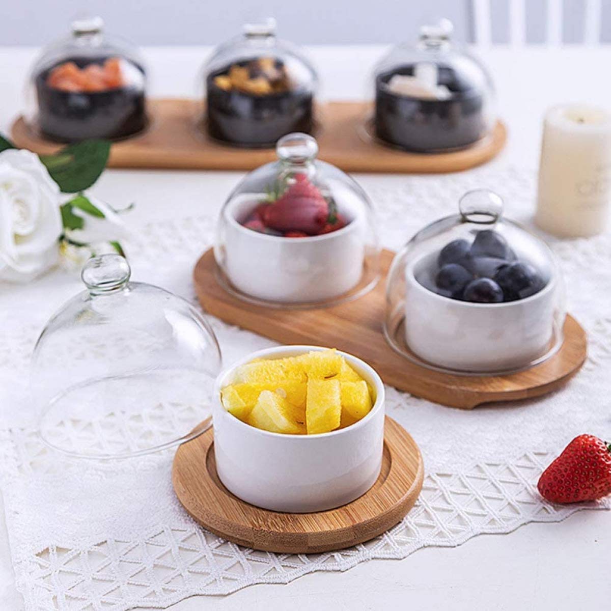 Ceramic Snack Serving Tray with Glass Dome Lid & Wooden Coaster - Elegant Dip Bowls for Nuts, Candies, Starters, Sauces - Perfect for Parties, Entertaining & Home Decor