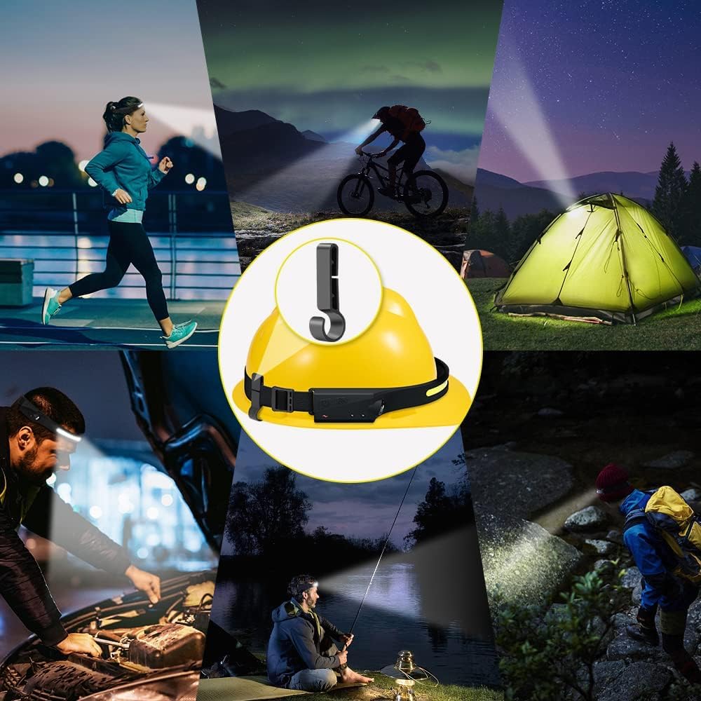 Rechargeable LED Headlamp with Motion Sensor - Ultra Lightweight 2.47oz COB Headlight Flashlight - 5 Lighting Modes for Camping, Hiking, Running, Cycling, Fishing - Perfect for Outdoor Adventures, Night Work & Emergency Use (2 Pack)