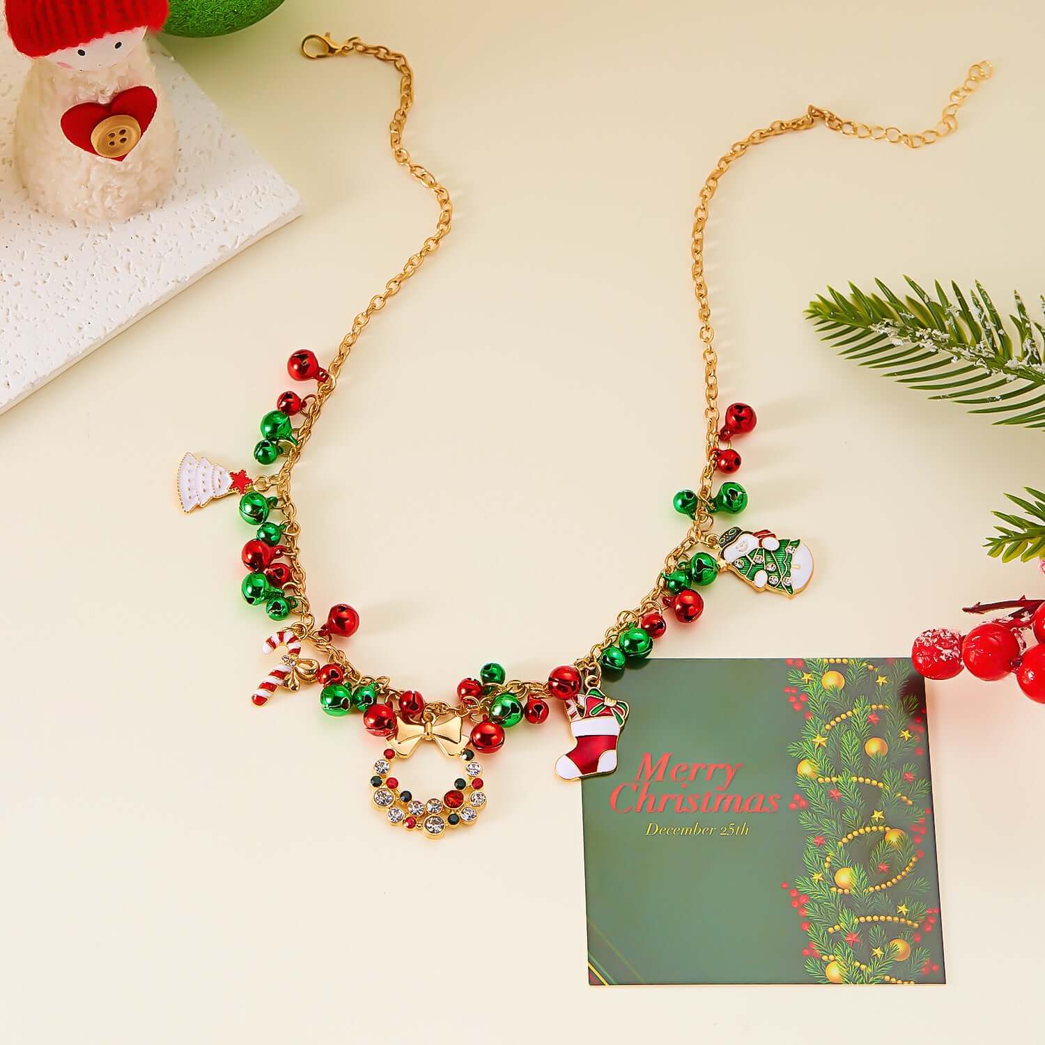 Festive Santa Christmas Jingle Bell Pendant Necklace - Red & Green Holiday Jewelry Gift for Women | Perfect for Xmas Parties, Gift Exchanges & Holiday Decorations