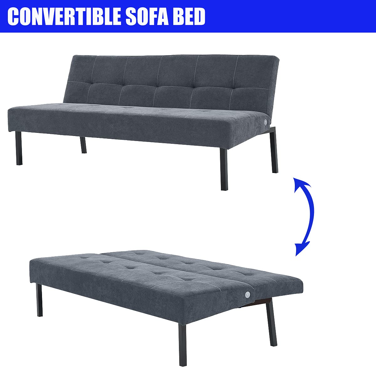 Modern Convertible Futon Sofa Bed for Small Spaces - Grey Sleeper Couch for Living Room, Apartment, Dorm | Space-Saving Multi-Functional Furniture for Guests & Daily Use