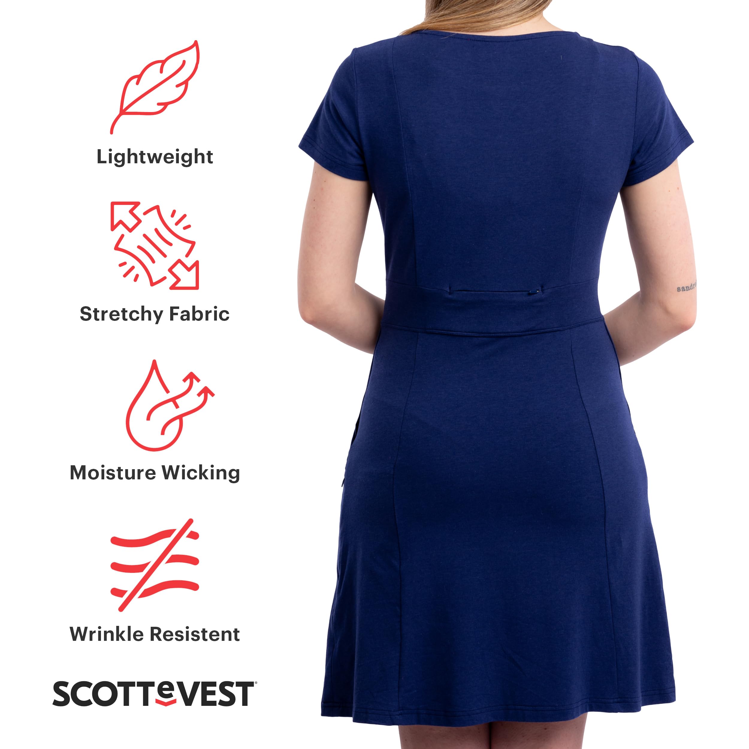SCOTTeVEST Women's Daisy Dress with 8 Hidden Pockets - Breathable Moisture-Wicking A-Line Short Dress for Travel, Work & Casual Wear | Perfect for Summer Outings, Business Trips & Everyday Comfort