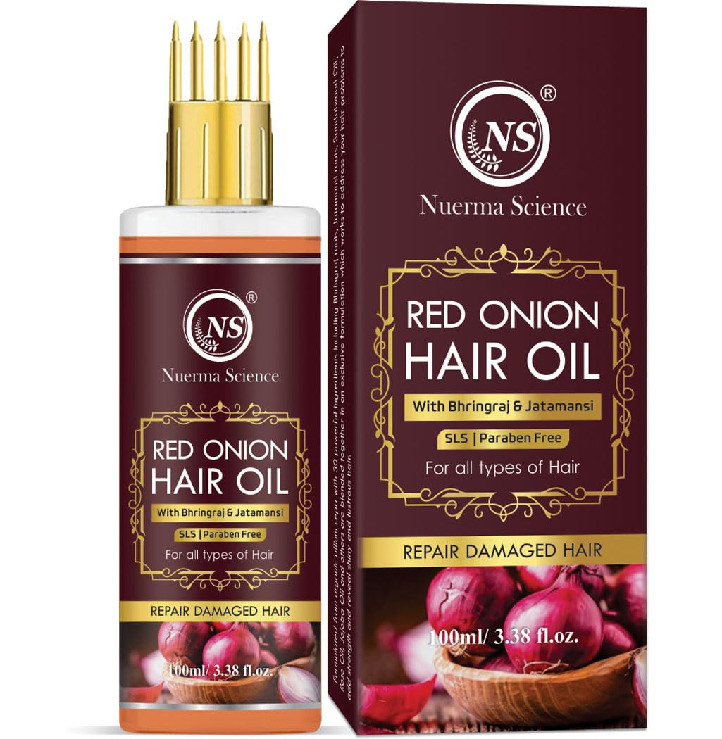 Nuerma Science Red Onion Hair Oil for Hair Fall Control & Hair Growth with Bhringraj & Jatamansi | 100% Natural Ayurvedic Treatment for Thinning Hair, Dandruff & Scalp Care | SLS & Paraben Free | Suitable for All Hair Types - 100ml | Perfect for Daily Hair Care Routine & Scalp Massage