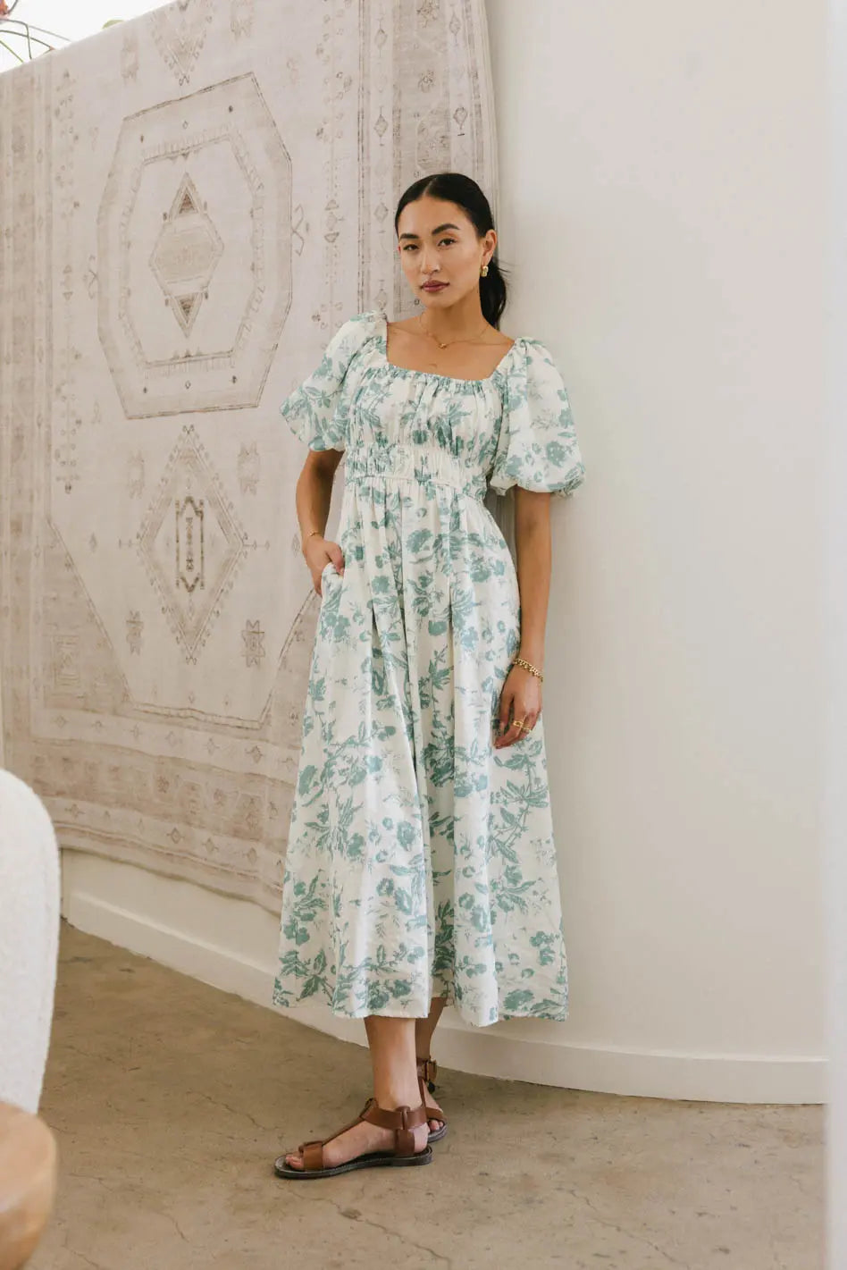 Dorothea Floral Midi Dress in Teal - Women's Vintage Style Summer Dress for Casual Outings & Beach Vacations - FINAL SALE