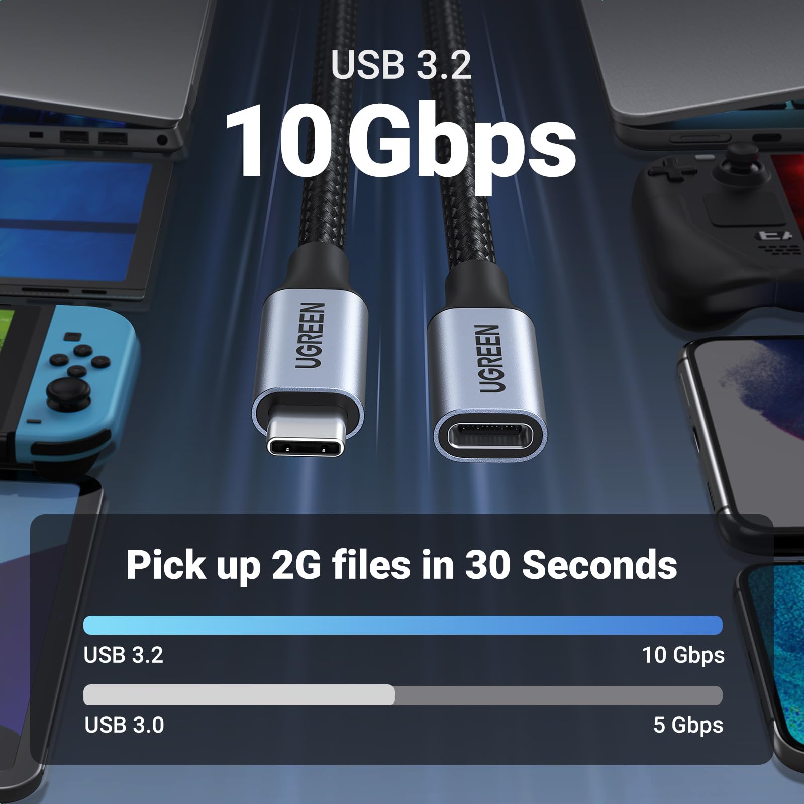 UGREEN USB C Extension Cable 1.5FT - USB 3.2 Gen 2 Type C Male to Female Extender (10Gbps, 4K Video, 100W Fast Charging) - Compatible with iPhone 16/15, Steam Deck, SSD, Docking Station, Hub - Perfect for Home Office, Gaming Setup & Mobile Charging (Grey)
