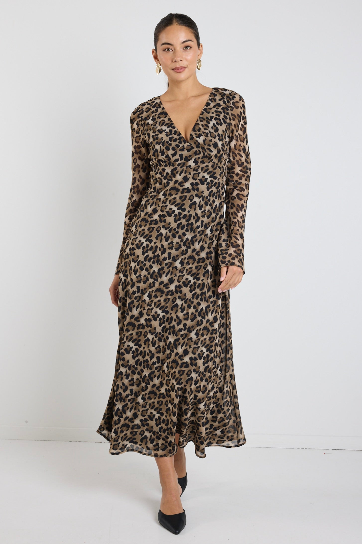 Chateau Leopard Print Georgette Fluted Sleeve V-Neck Bias Cut Midi Dress for Women | Elegant Party, Wedding Guest & Cocktail Attire