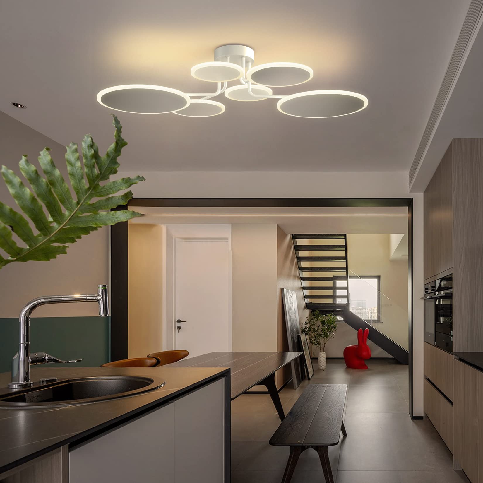 Modern LED Ceiling Light Fixture with Remote Control - 6 Circle Dimmable Sputnik Chandelier for Living Room, Dining Room, Bedroom, Office & Restaurant | Energy-Efficient Close-to-Ceiling Lighting for Home & Commercial Spaces