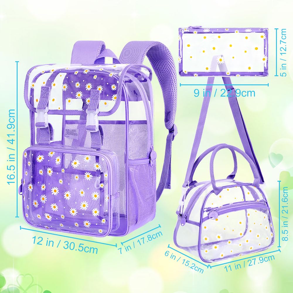 3PCS Clear PVC Backpack for Women & Girls - Heavy Duty See Through School Bookbag with Lunch Box, Large Stadium Approved Transparent Backpack (Purple Daisy) - Perfect for School, Concerts, Travel & Security Checkpoints