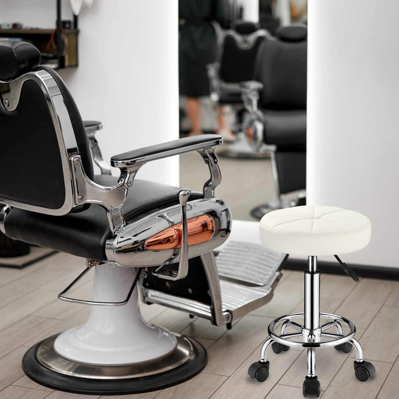 Adjustable Height Swivel Rolling Stool with Wheels - PU Leather Round Stool for Office, Kitchen, Salon & Home Use - White