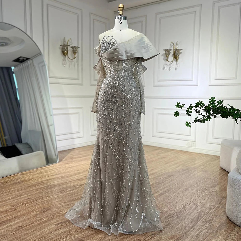 Luxury Arabic Pearl Beaded Evening Dress - Elegant One Shoulder Women's Wedding & Party Gown | Dubai Inspired Formal Wear for Bridal, Prom & Special Occasions