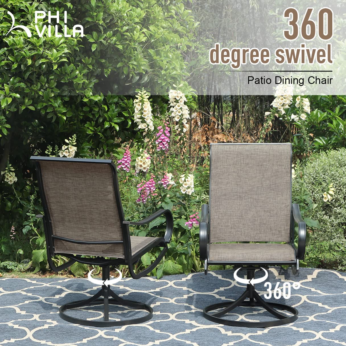 PHI VILLA 5-Piece Outdoor Patio Dining Set for 4 - Square Table & 4 Swivel Chairs (1.57