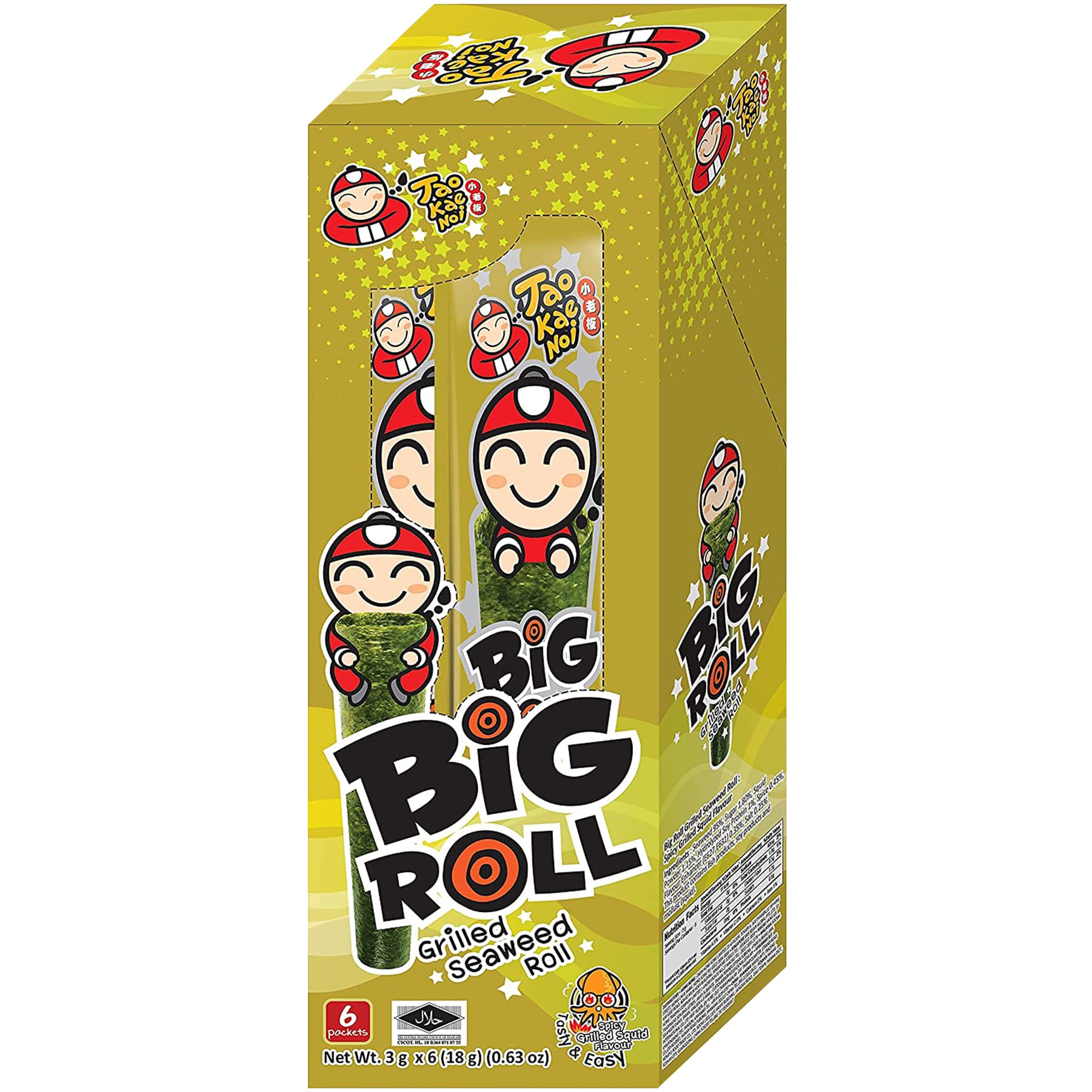 Tao Kae Noi Big Roll Grilled Seaweed Snacks - Squid Flavor (6 Pack, 3g Bags) | Healthy Nori Sheet Rolls for Kids & Adults | Perfect for Lunchboxes, Movie Nights & On-the-Go Snacking