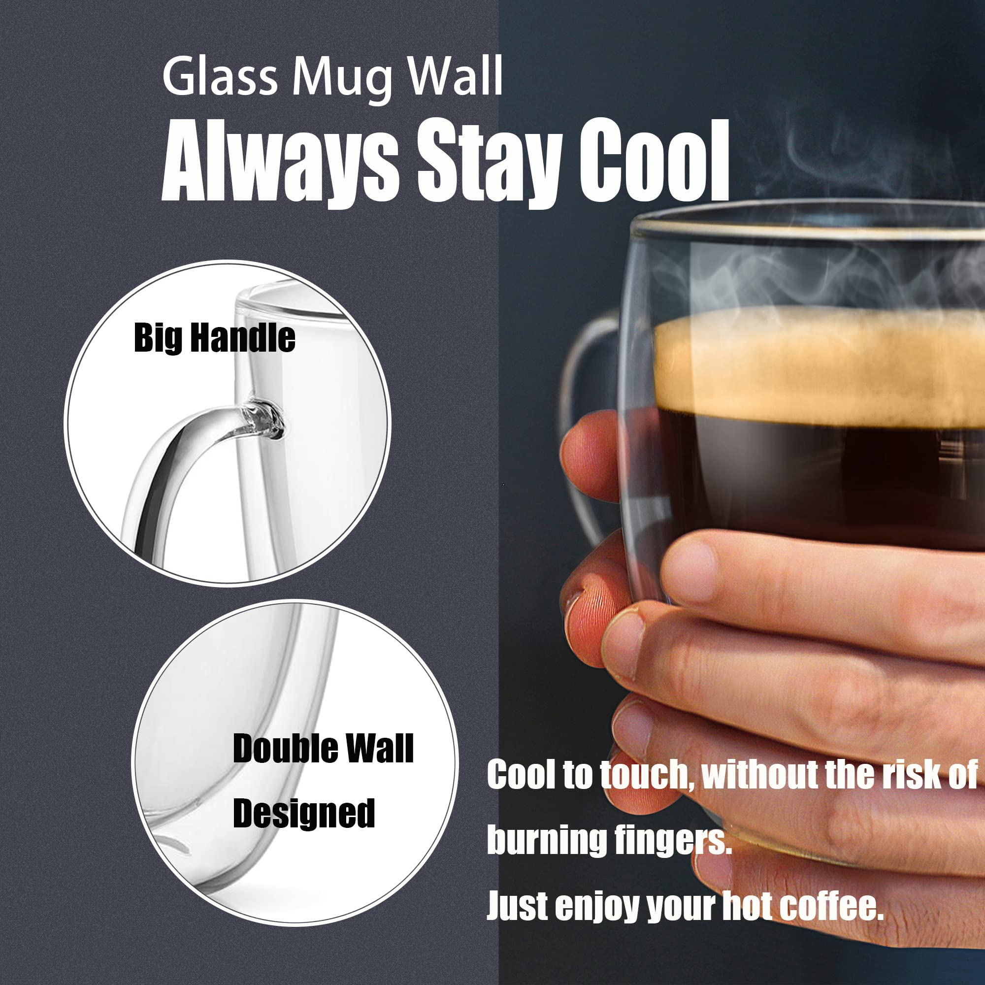 PunPun Bundle: 17oz Large Clear Glass Coffee Mugs (Set of 2) & 2.7oz Tea Cups (Set of 2) - Unique Espresso Cups for Home, Office, and Cafe Use