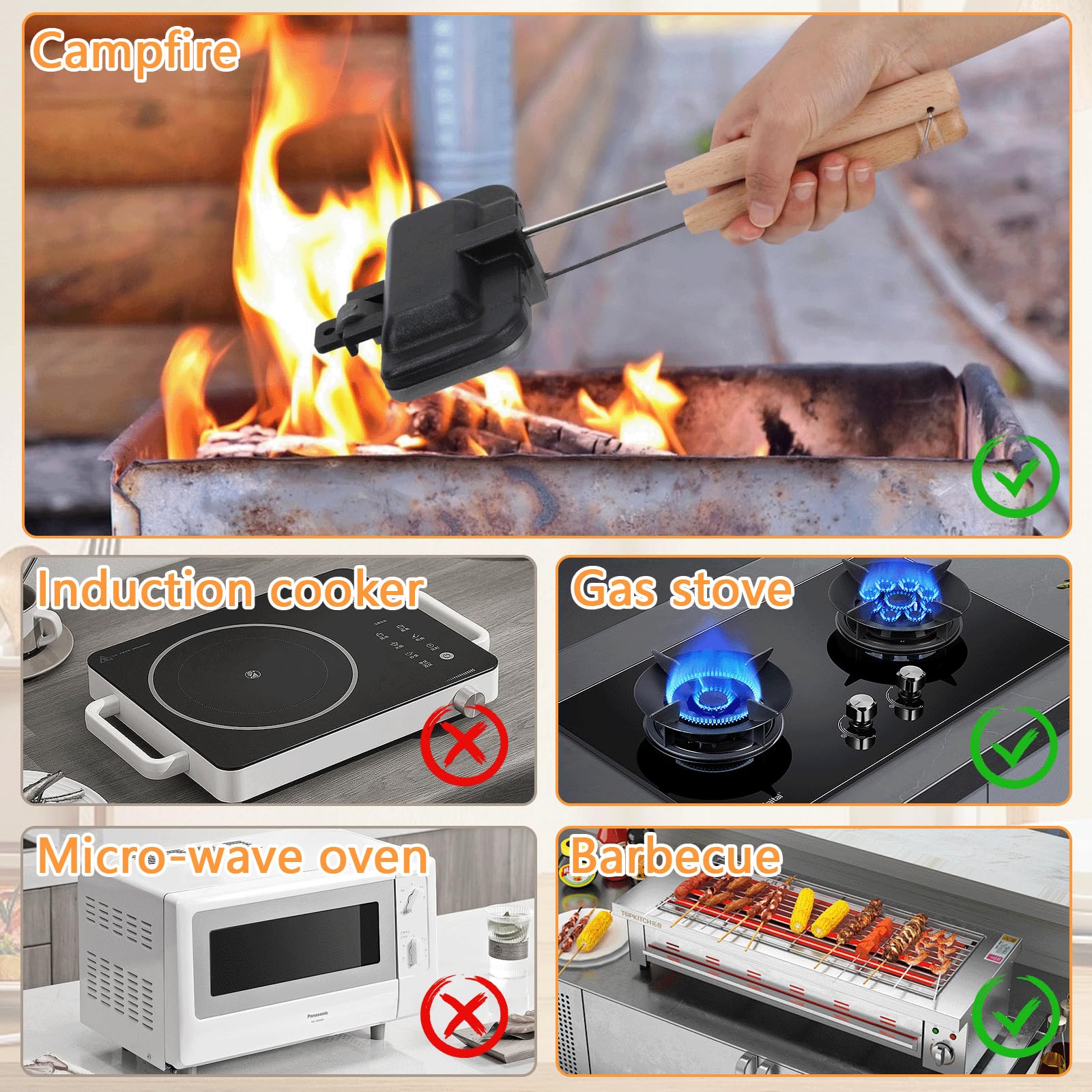Non-Stick Removable Double-Sided Gas Sandwich Toaster - Portable Handheld Grill Cheese Maker for Camping, Breakfast & Picnics - Perfect for Toasted Sandwiches, Pancakes, Omelets and Frittatas - Ideal for Outdoor Cooking, RV Trips and Home Use