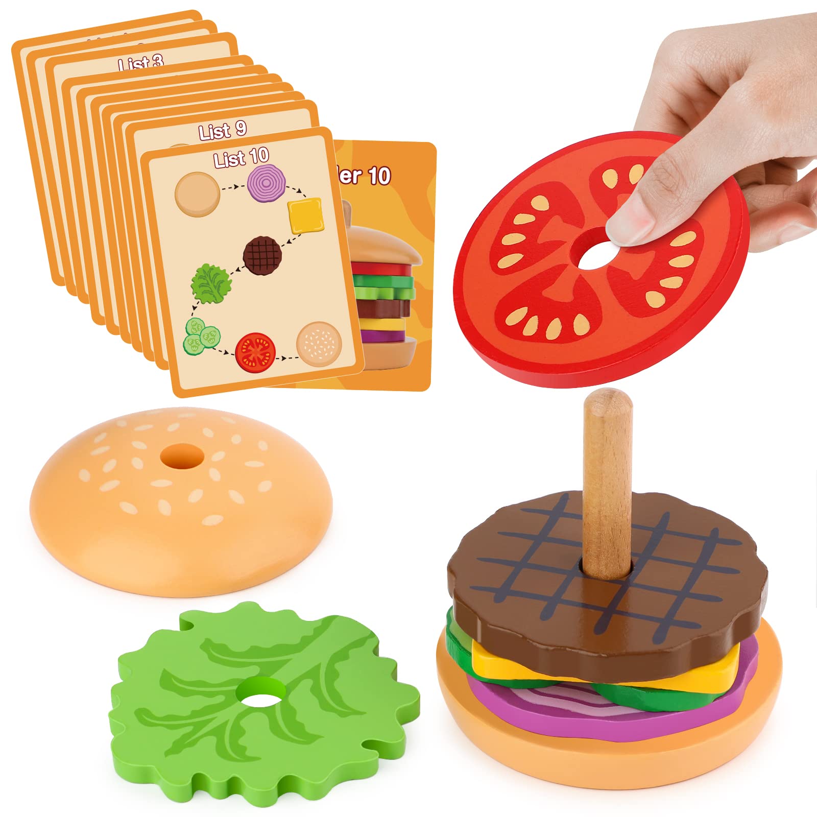 Aizweb Wooden Montessori Stacking Toys for Toddlers 3+ Years - Educational Burger Building Blocks for Fine Motor Skills, Preschool Learning & Kids Gifts - Perfect for Home, Classroom & Playroom Activities
