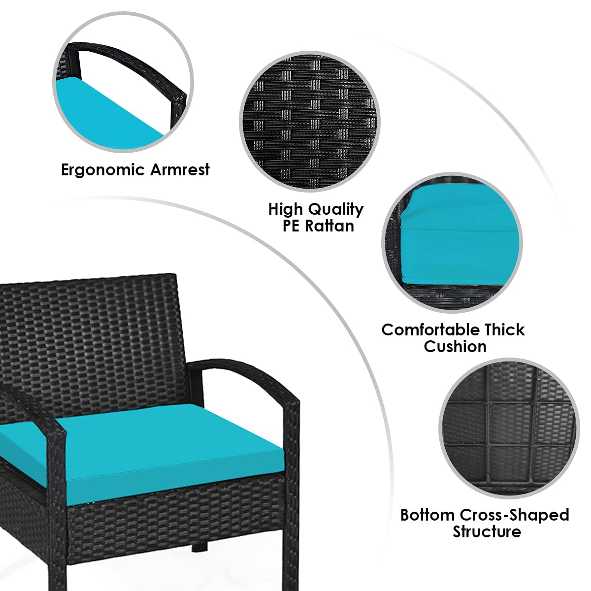 HappyGrill 3-Piece Patio Conversation Set - Outdoor Wicker Rattan Furniture with Cushions, Coffee Table & Chairs - Modern Bistro Set for Garden, Balcony, Backyard, Porch & Poolside Relaxation