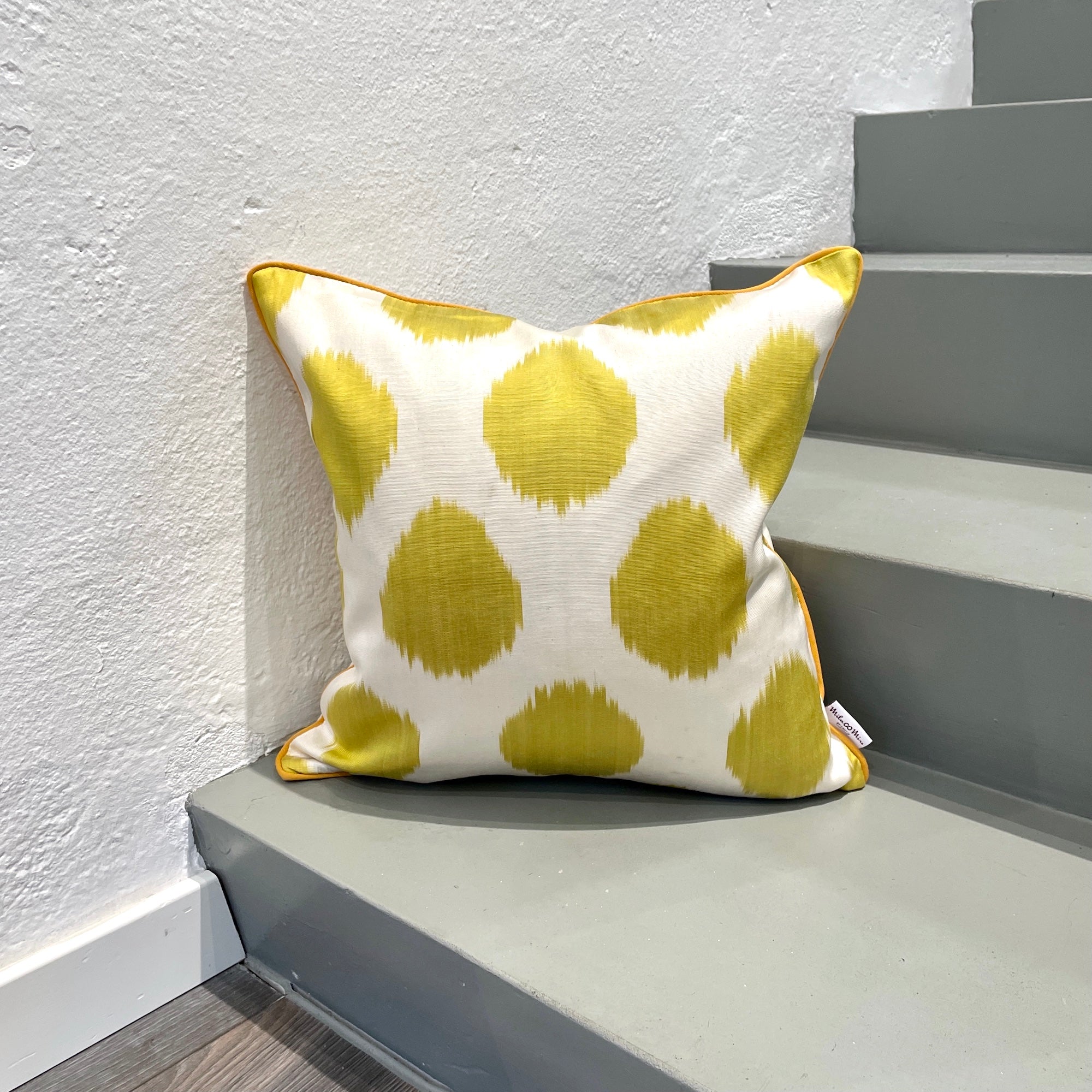 Lime Silk Ikat Cushion Cover with Dots Pattern - Bohemian Home Decor for Sofa, Bed & Living Room