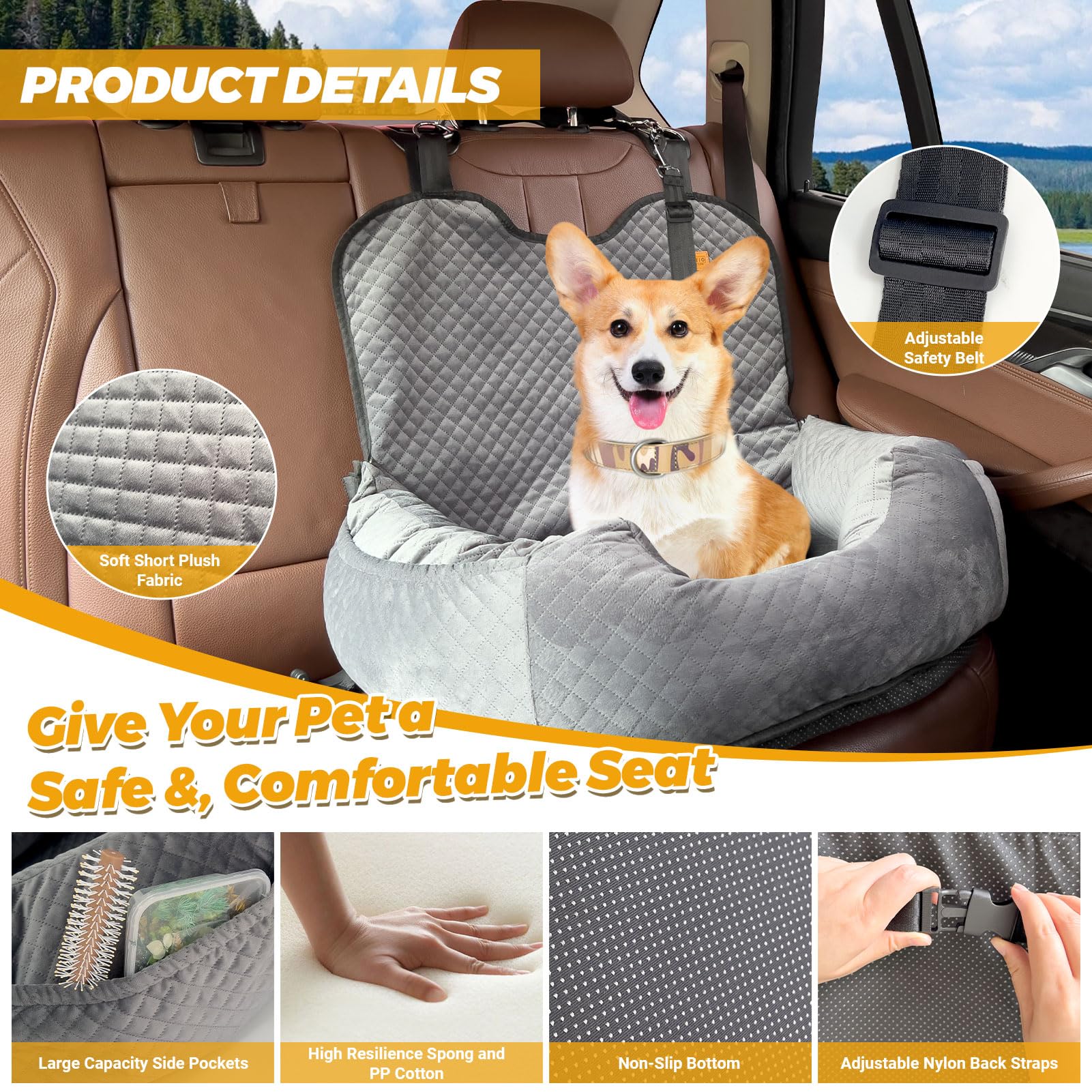 Washable & Detachable Dog Car Seat for Small Dogs Under 35lbs - Travel Booster Seat with Storage Pockets & Safety Belt - Perfect for Road Trips, Vet Visits & Daily Commutes