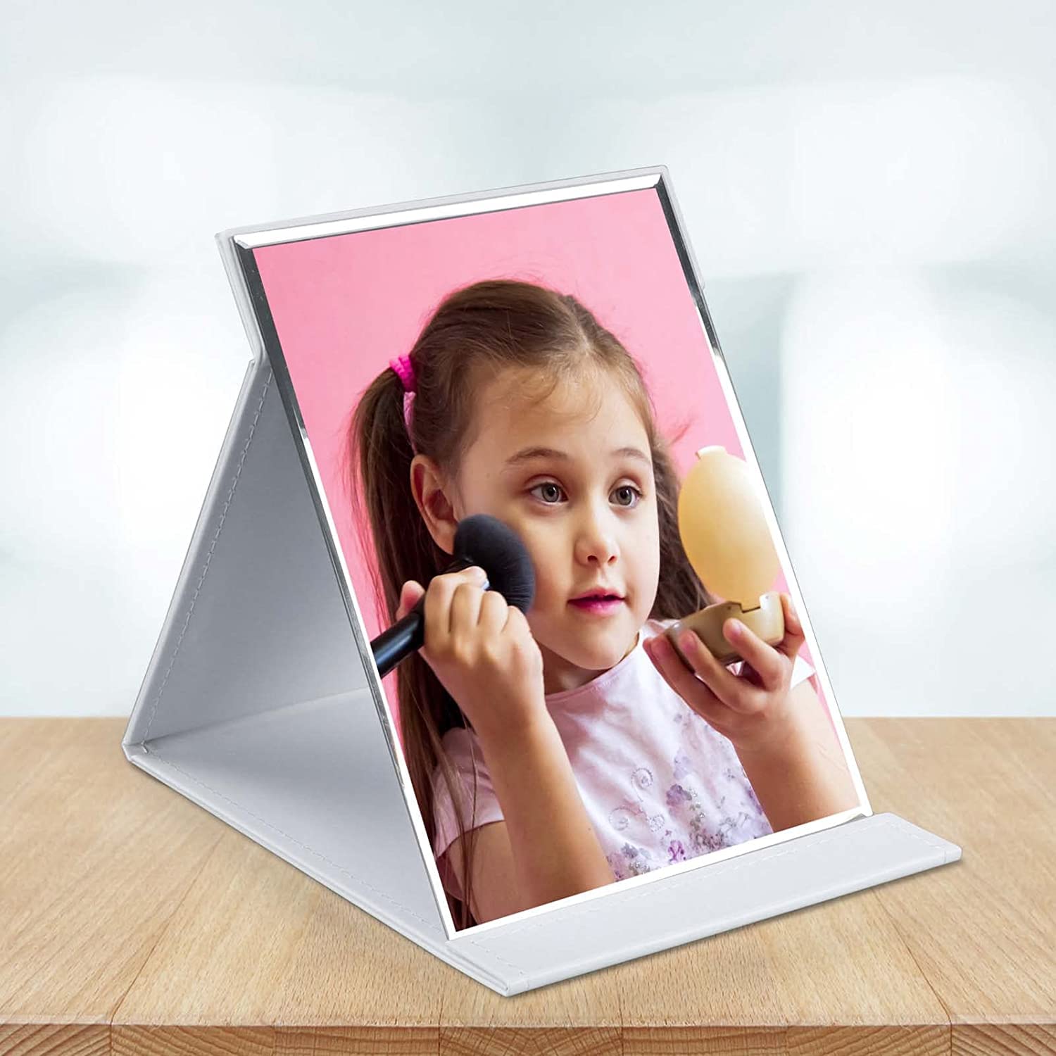 DANSR Makeup Mirror with Adjustable Stand - Portable Folding Vanity Mirror for Tabletop, PU Leather Cover, Perfect for Travel, Camping, Home & Office Use - Ideal for Makeup Application, Skincare Routine and Grooming (White)