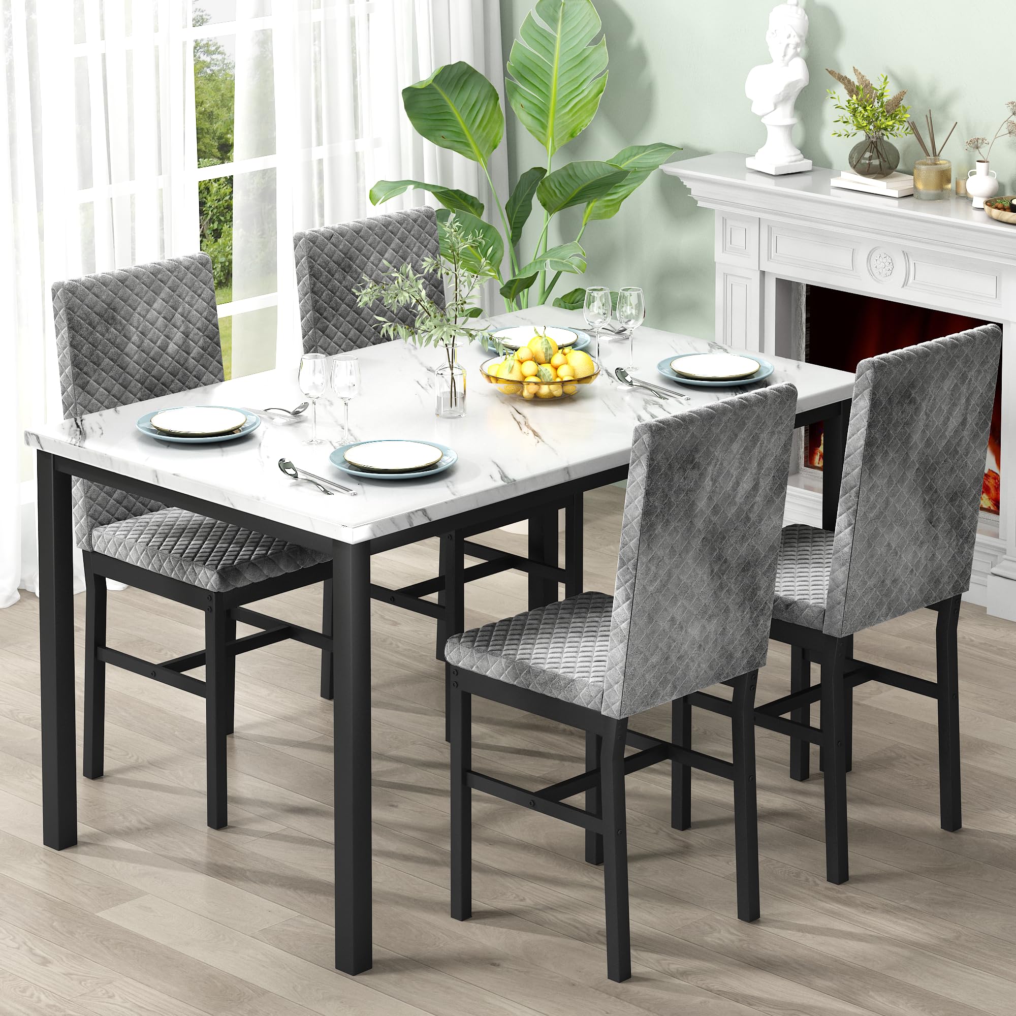 Recaceik 4-Piece Dining Table Set with Upholstered Velvet Chairs - White & Grey Kitchen Table for Small Spaces, Breakfast Nook, Apartment Dining Room