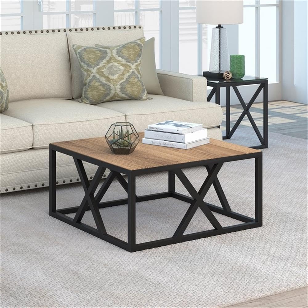 Modern Square Metal Coffee Table with Solid Oak Wood Top - Stylish Living Room Furniture for Home Decor & Lounge Areas