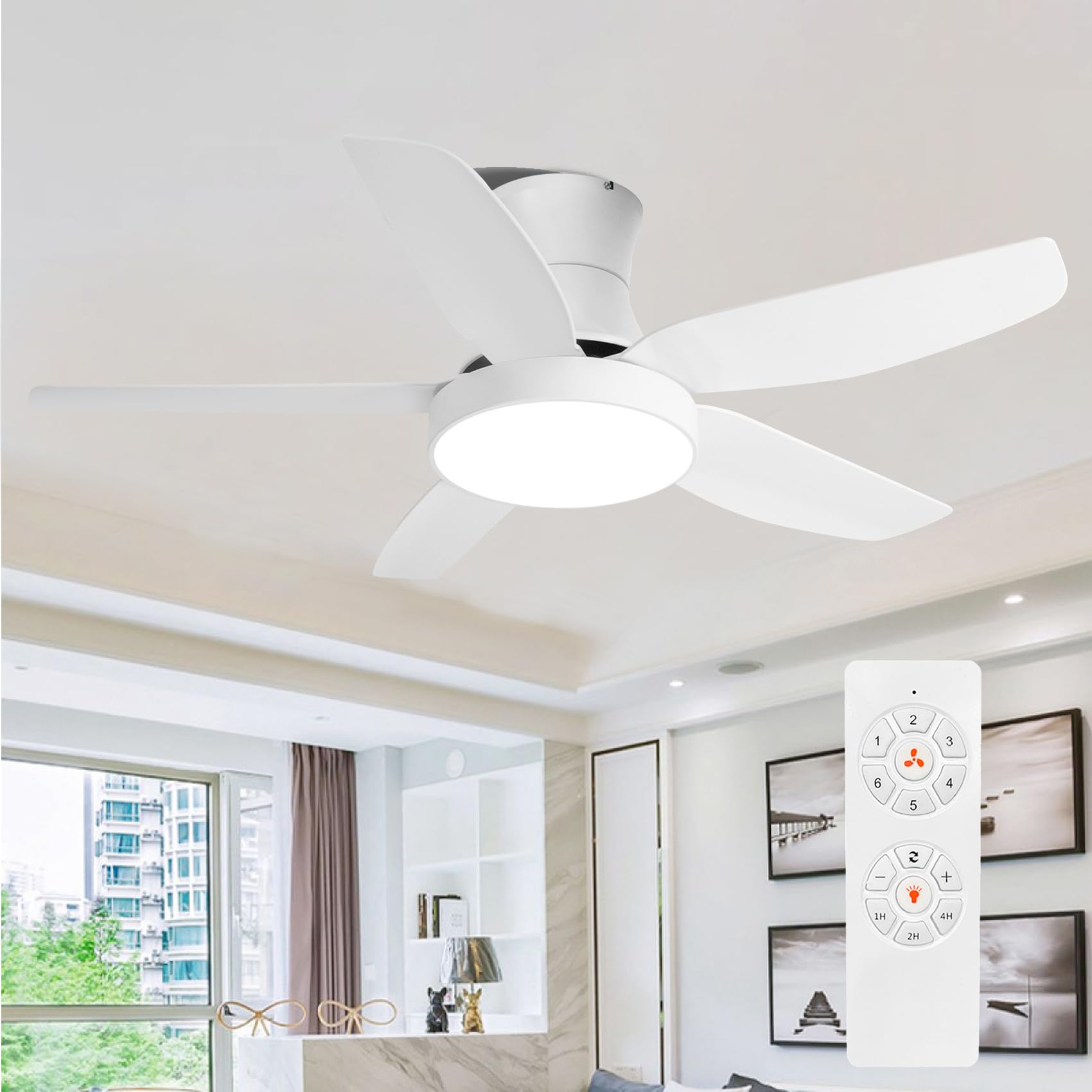 AINSTE Flush Mount Ceiling Fan with LED Light - 52 Inch Modern Indoor Ceiling Fan - Quiet DC Motor - Remote Control - Energy Efficient - Perfect for Living Room, Bedroom, Dining Room & Home Office