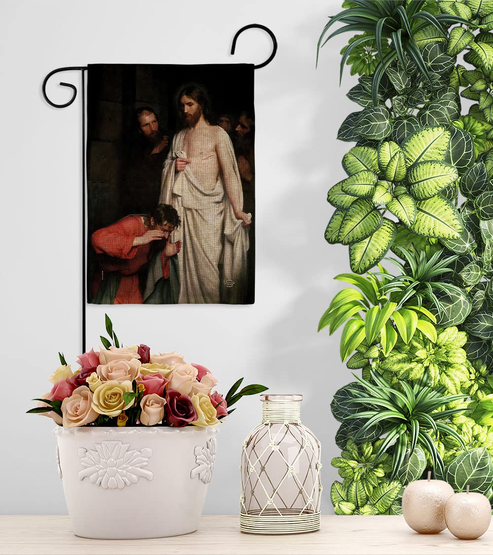 Double-Sided Burlap Garden House Flag - The Incredulity of Saint Thomas Religious Christian Banner (28x40 Inch) | Easter Decoration, Yard Gift with Faith Hope Grace Peace Dove Design | Made in USA for Patio, Front Porch & Outdoor Decor