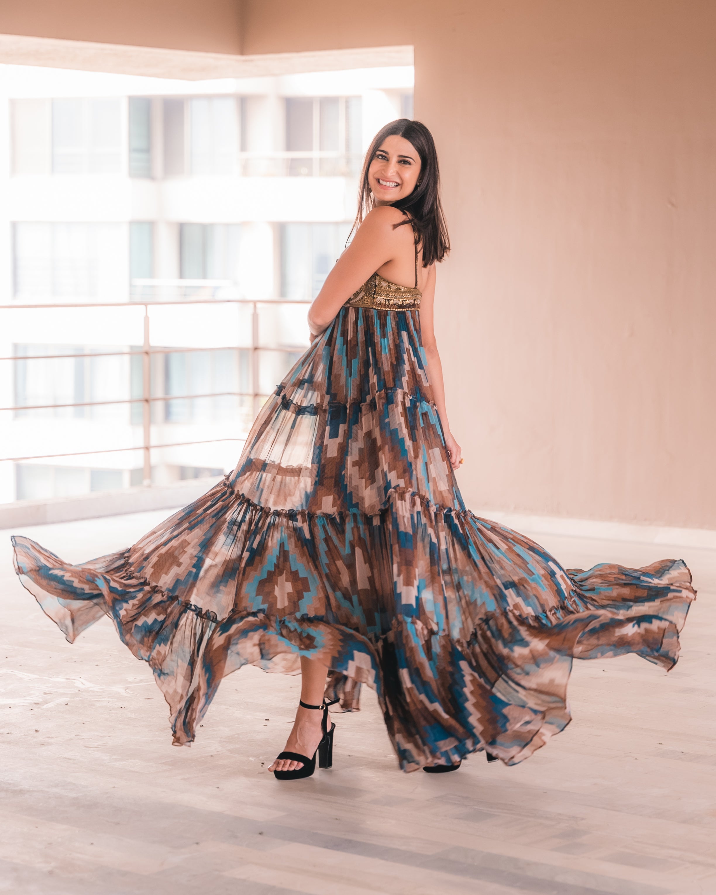 Turquoise Grid Print Maxi Dress with Aged Gold Embroidery - Elegant Boho Chic Women's Dress for Parties, Weddings & Special Occasions