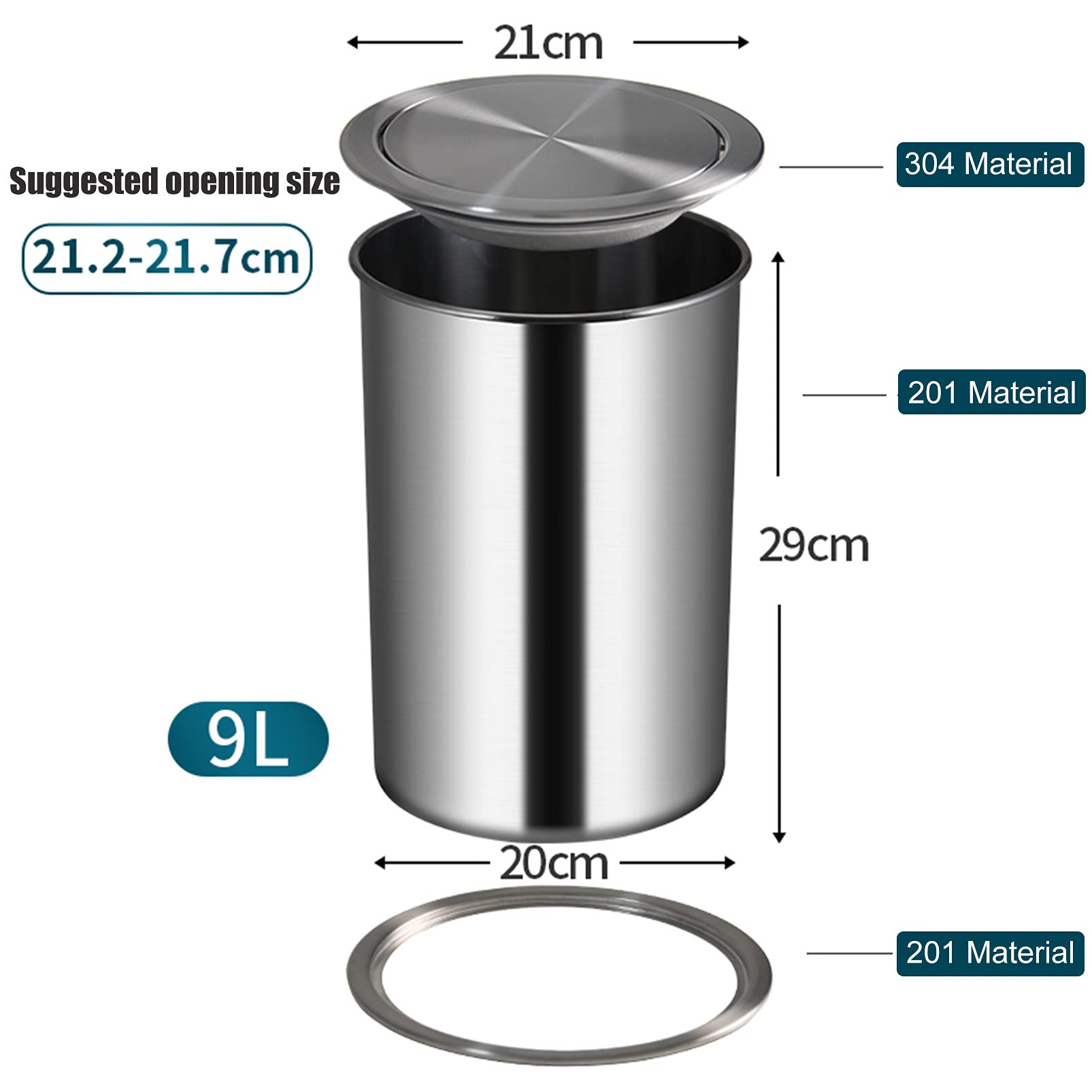 Stainless Steel 9L Round Trash Can with Flip Lid - Built-in Countertop Recycling Bin for Kitchen Cabinet, Workbench, Restaurant, Hotel & Office Use - Durable Brushed Metal Commercial Garbage Bin for Waste Management