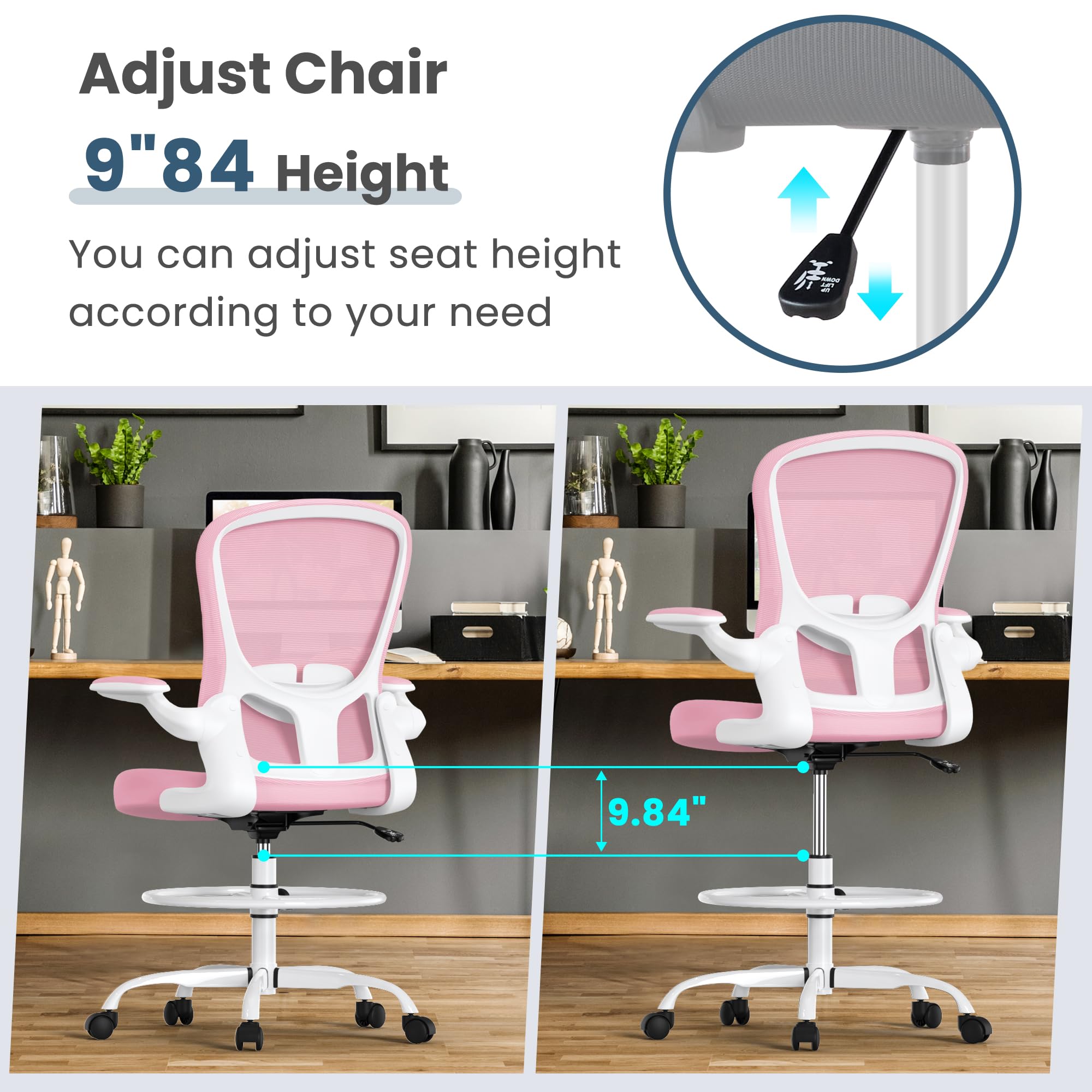 Ergonomic Drafting Chair with Flip-Up Armrests & Adjustable Footrest - Tall Office Chair for Standing Desks - Executive Computer Chair with Lumbar Support - Perfect for Architects, Designers & Home Office Workspaces