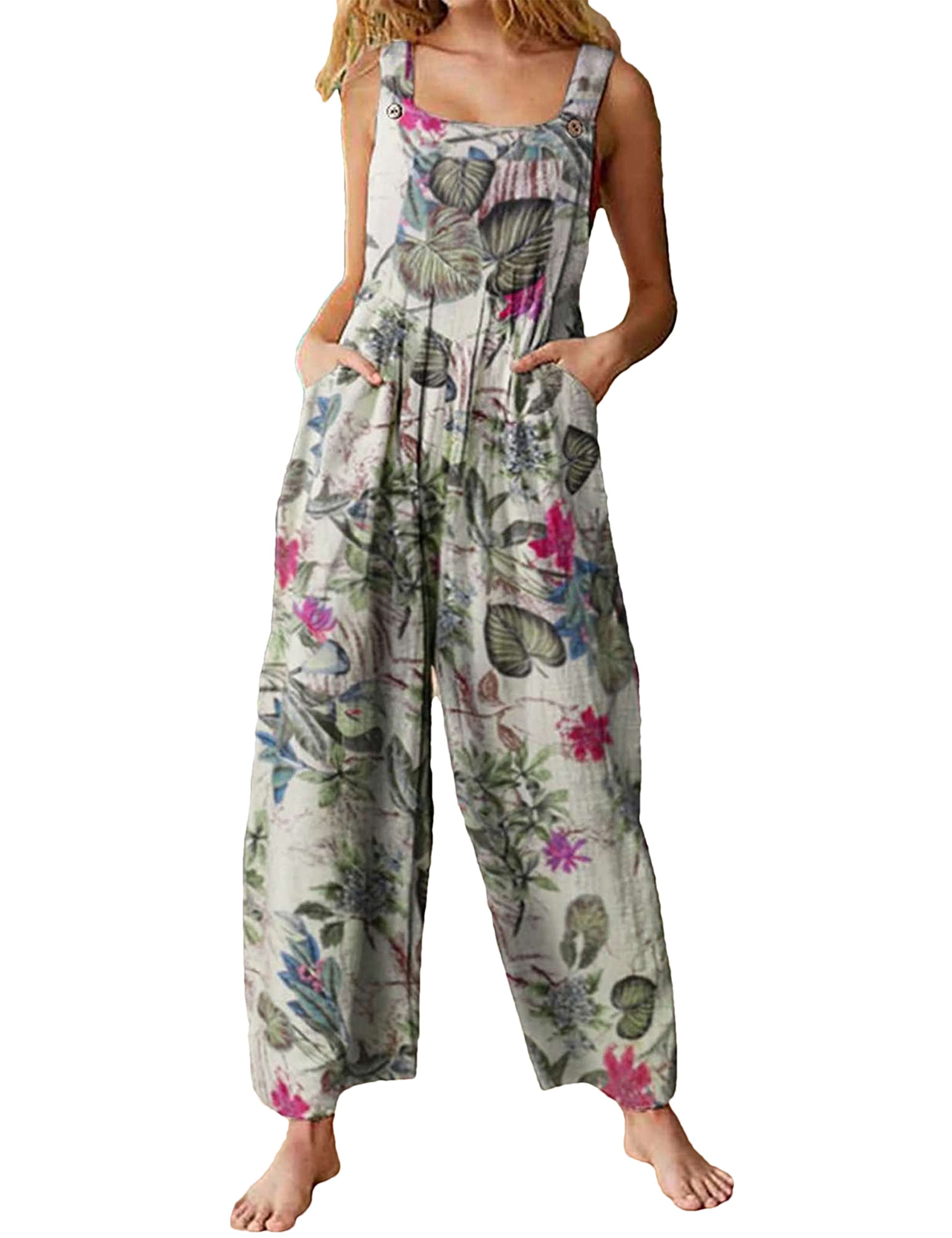 Himosyber Women's Patchwork Jumpsuit with Dual Pockets - Loose Fit Floral Print Bohemian Wide Leg Bib Overalls for Casual Outings & Festivals