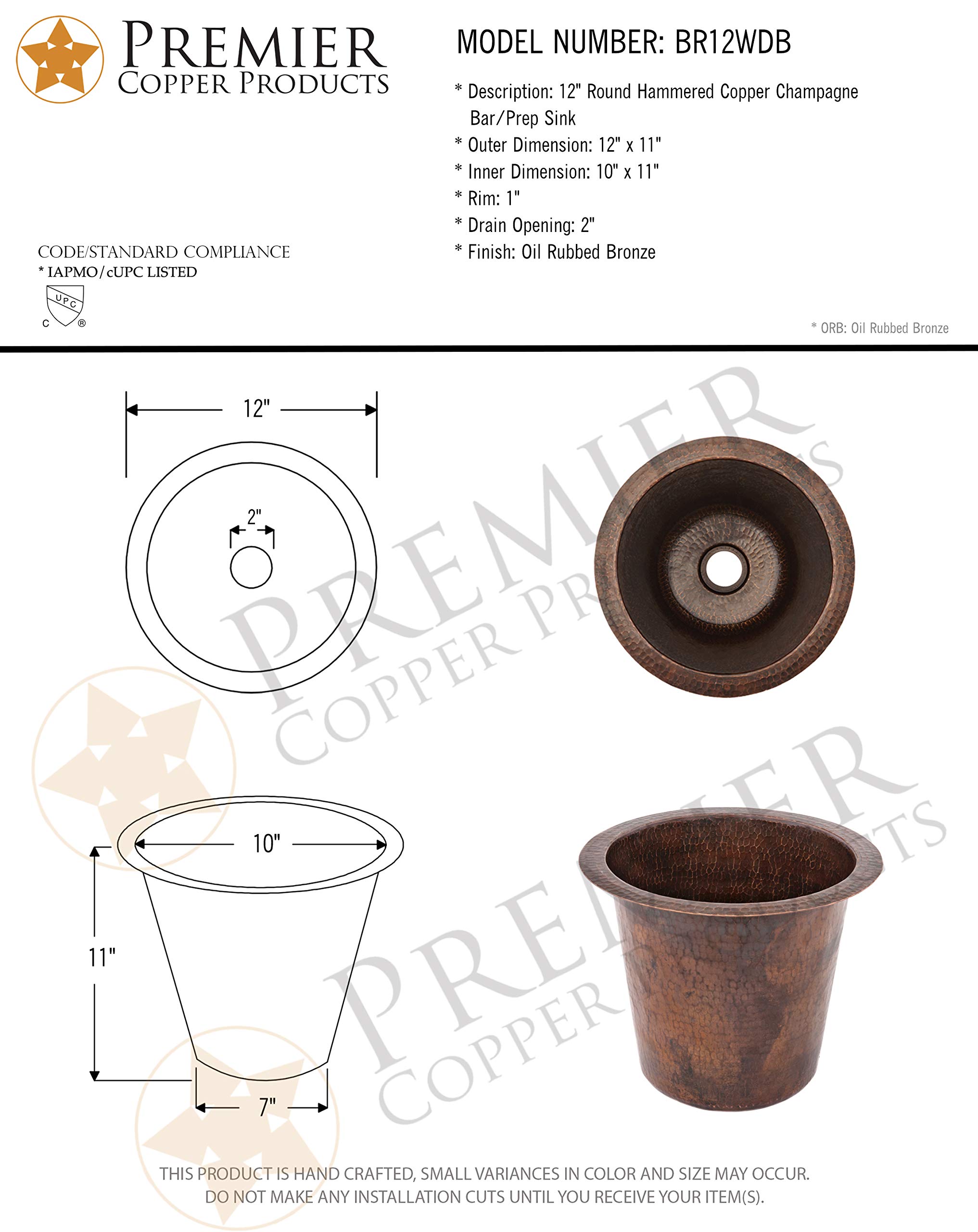 Premier Copper Products BR12WDB 12-Inch Hammered Copper Champagne Bar Sink - Oil Rubbed Bronze Finish - Universal Round Design for Kitchen, Bar, or Outdoor Use