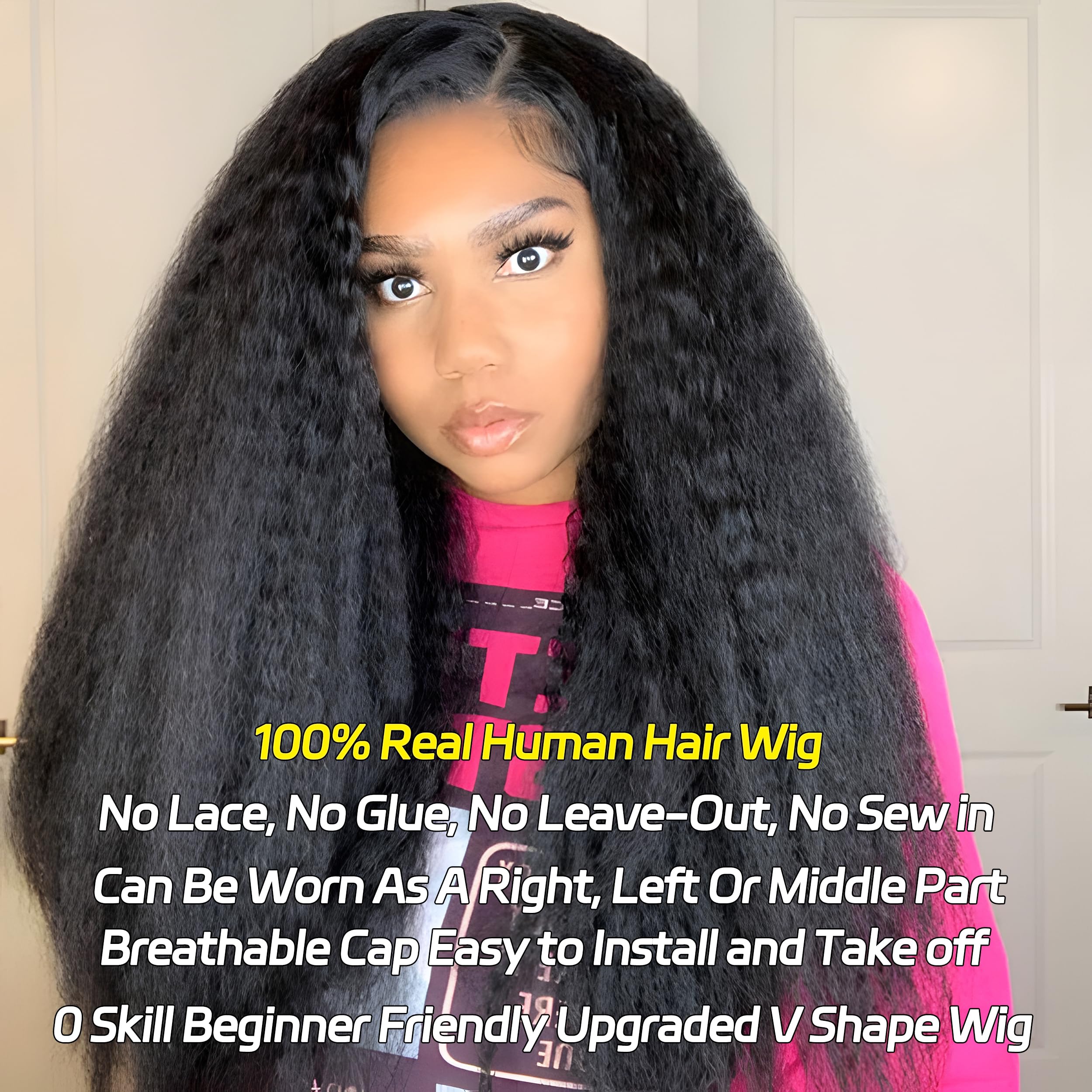 V Part Wig Human Hair - Kinky Straight & Yaki Straight Clip-In Half Wigs for Black Women | Glueless No Leave Out 180% Density | 16 Inch Natural Color | Perfect for Daily Wear, Special Occasions & Protective Styling