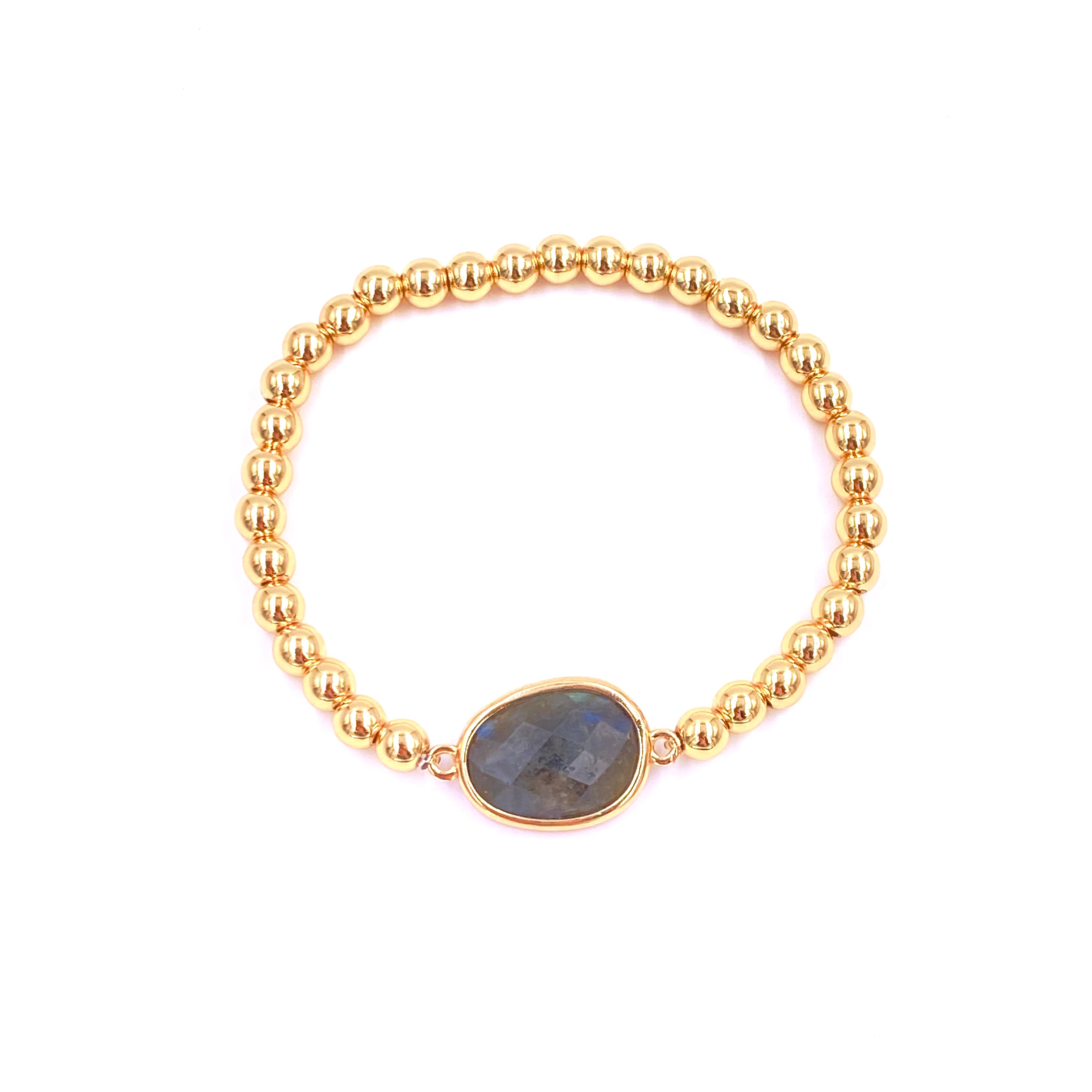 Ashley Gold Stainless Steel Gold Plated Beaded Stretch Bracelet with Semi-Precious Stone Centerpiece - Perfect for Women's Fashion, Gift Giving & Special Occasions