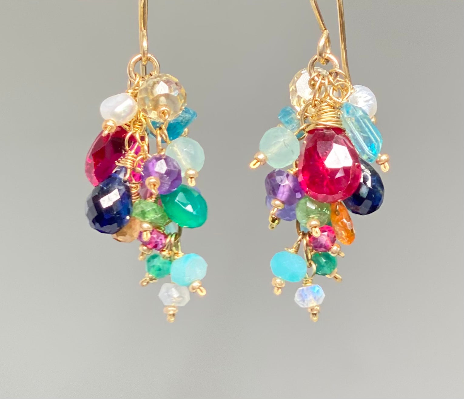Pink Red Topaz Rainbow Gemstone Cluster Dangle Earrings - Gold Filled Boho Chic Jewelry for Women, Perfect for Parties, Weddings & Everyday Wear