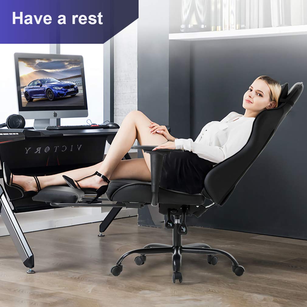 Ergonomic Gaming Chair with Lumbar Support & Headrest - PU Leather Racing Office Desk Chair for Adults - Adjustable Swivel Computer Task Chair with Footrest & Massage Function - Perfect for Home Office, Gaming Setup & Workstation (Black)